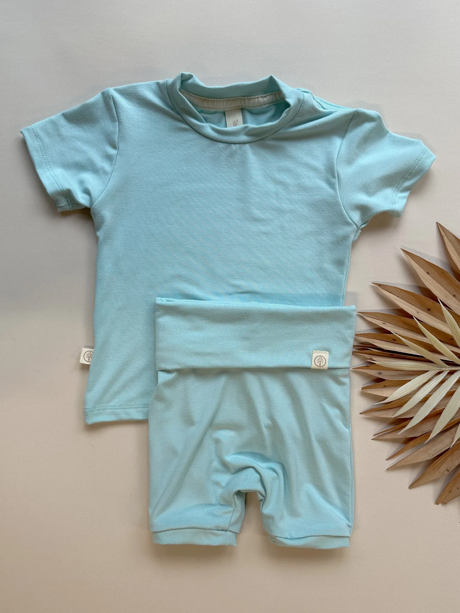 0/3m, 3/6m | Fold Over Shorties and Short Sleeve Tee Set | Caribbean Blue | Luxury Bamboo