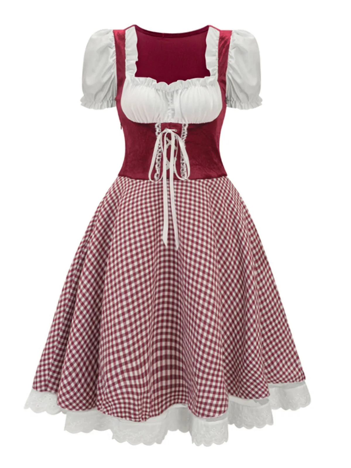 1950s Oktoberfest Puff Sleeves Gingham Plaid Dress