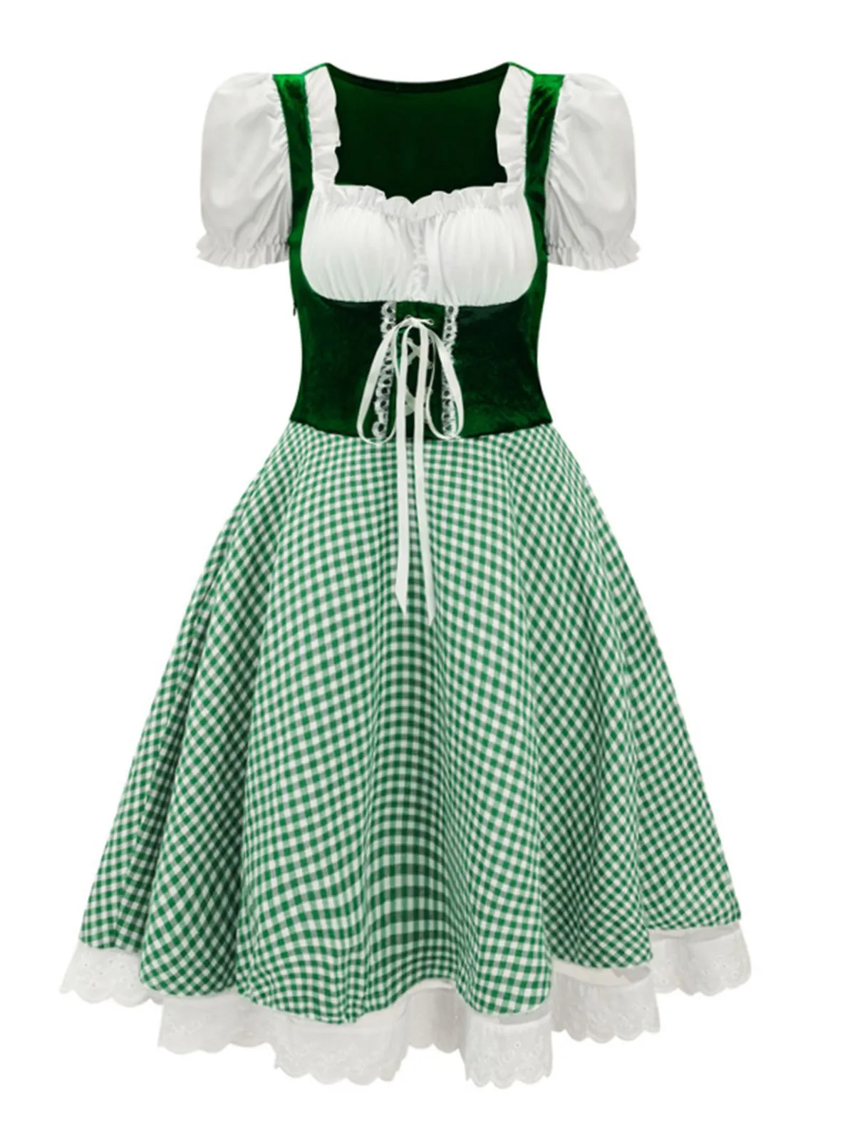 1950s Oktoberfest Puff Sleeves Gingham Plaid Dress