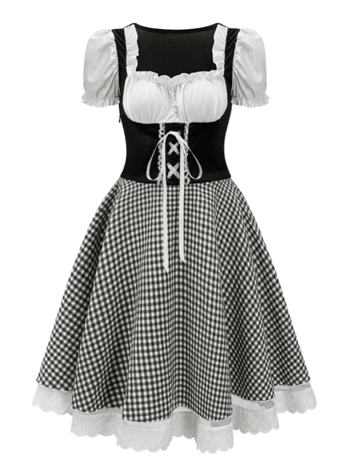 1950s Oktoberfest Puff Sleeves Gingham Plaid Dress