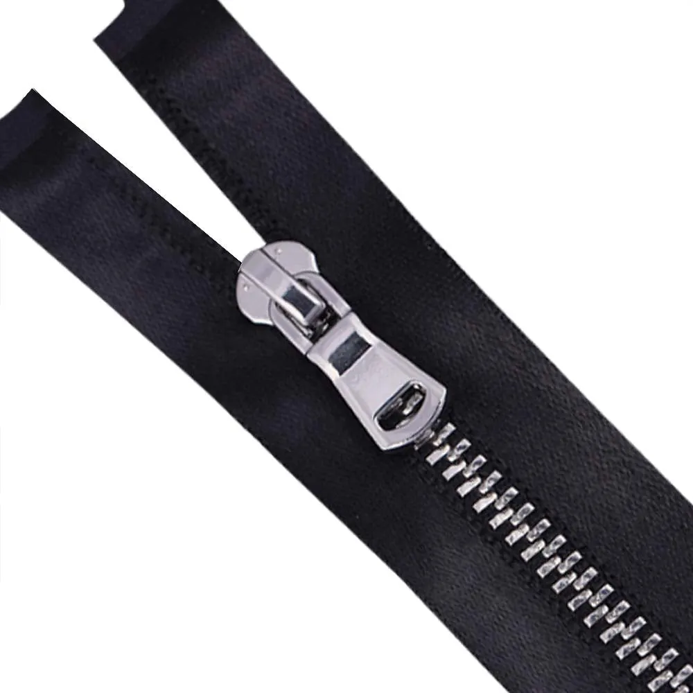 #3 Silver with Black Soft Shiny Black Satin Tape Zipper