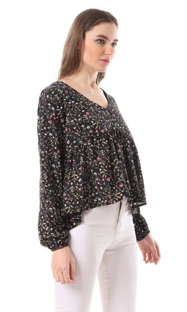 57758 Deep V-Neck Ruffled Floral Blouse - Black