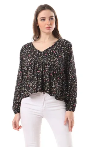 57758 Deep V-Neck Ruffled Floral Blouse - Black