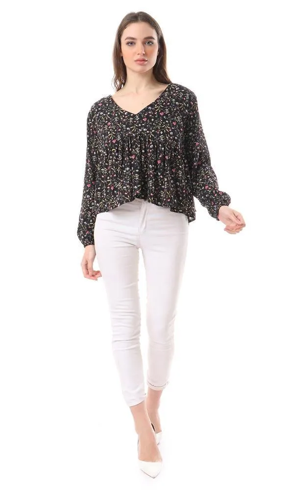 57758 Deep V-Neck Ruffled Floral Blouse - Black