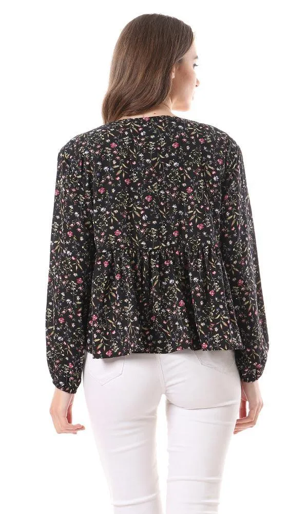 57758 Deep V-Neck Ruffled Floral Blouse - Black