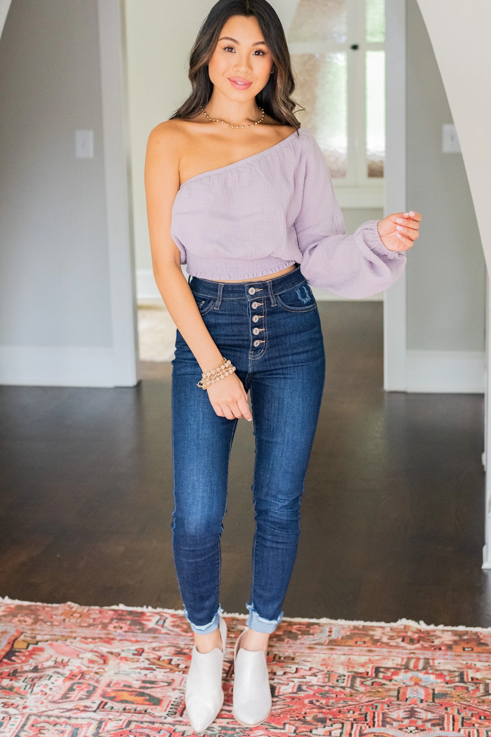 All Attitude Lavender Purple One Shoulder Top