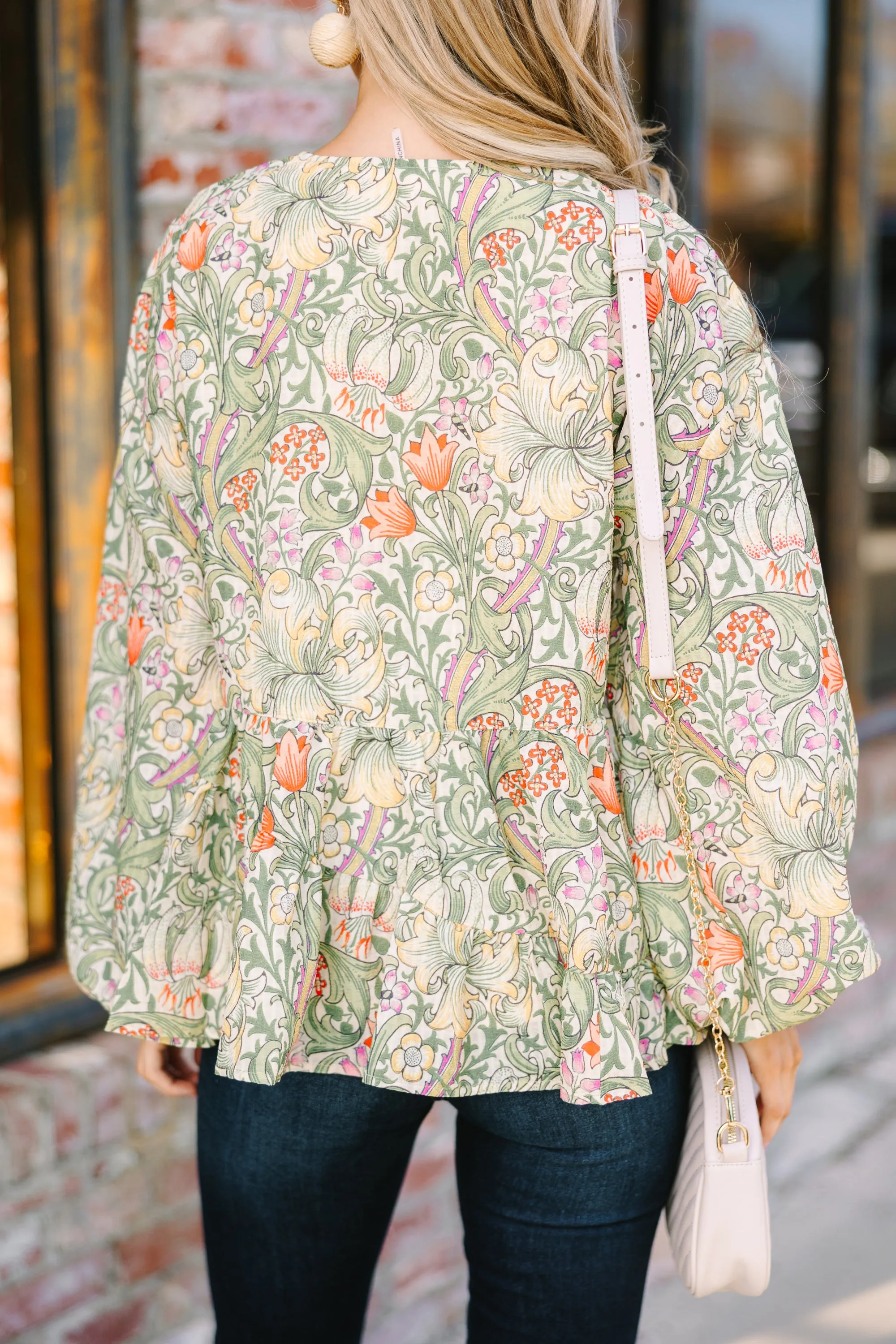 All For Love Olive Green Floral Blouse