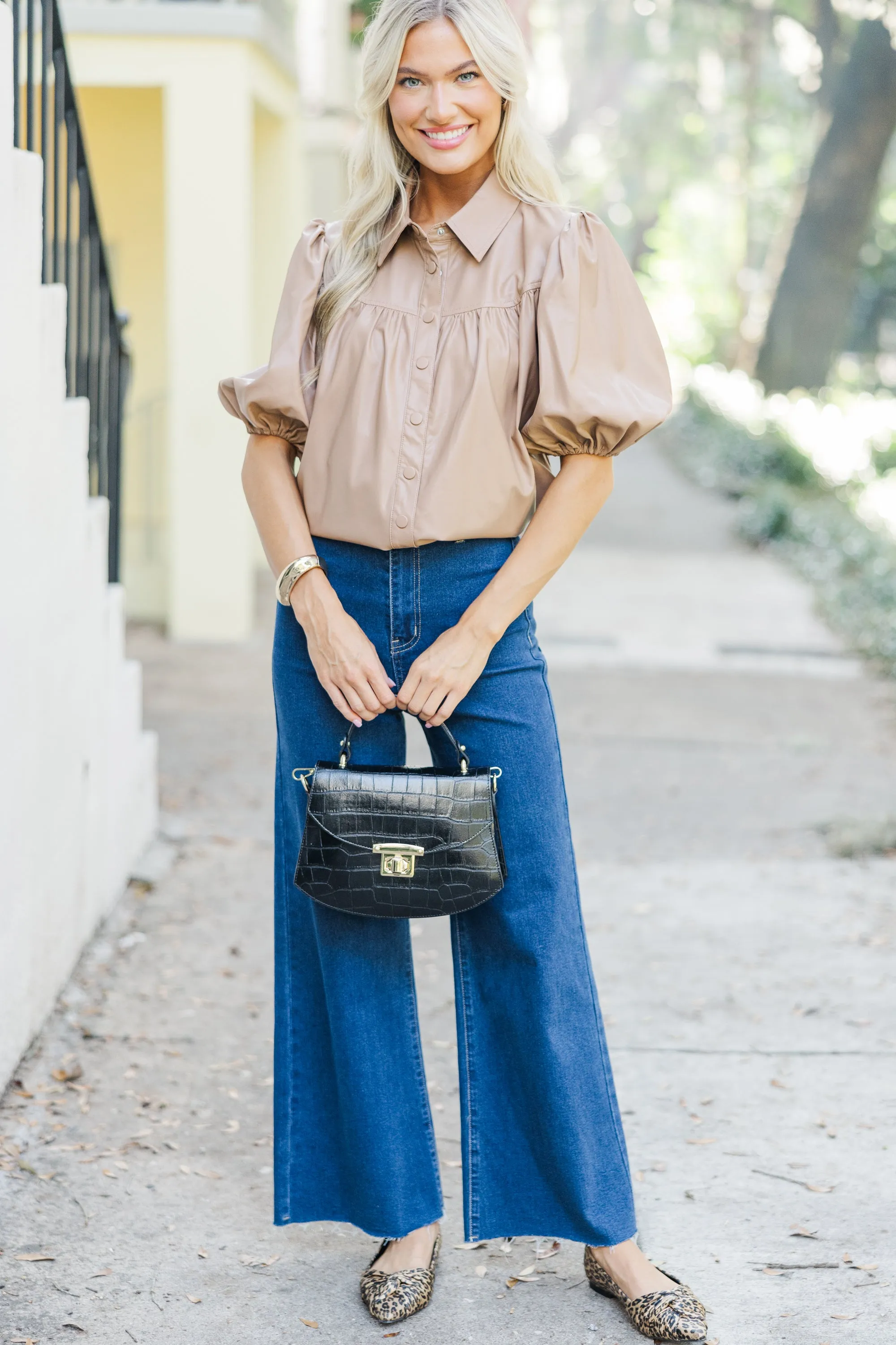 All In A Dream Camel Brown Faux Leather Blouse