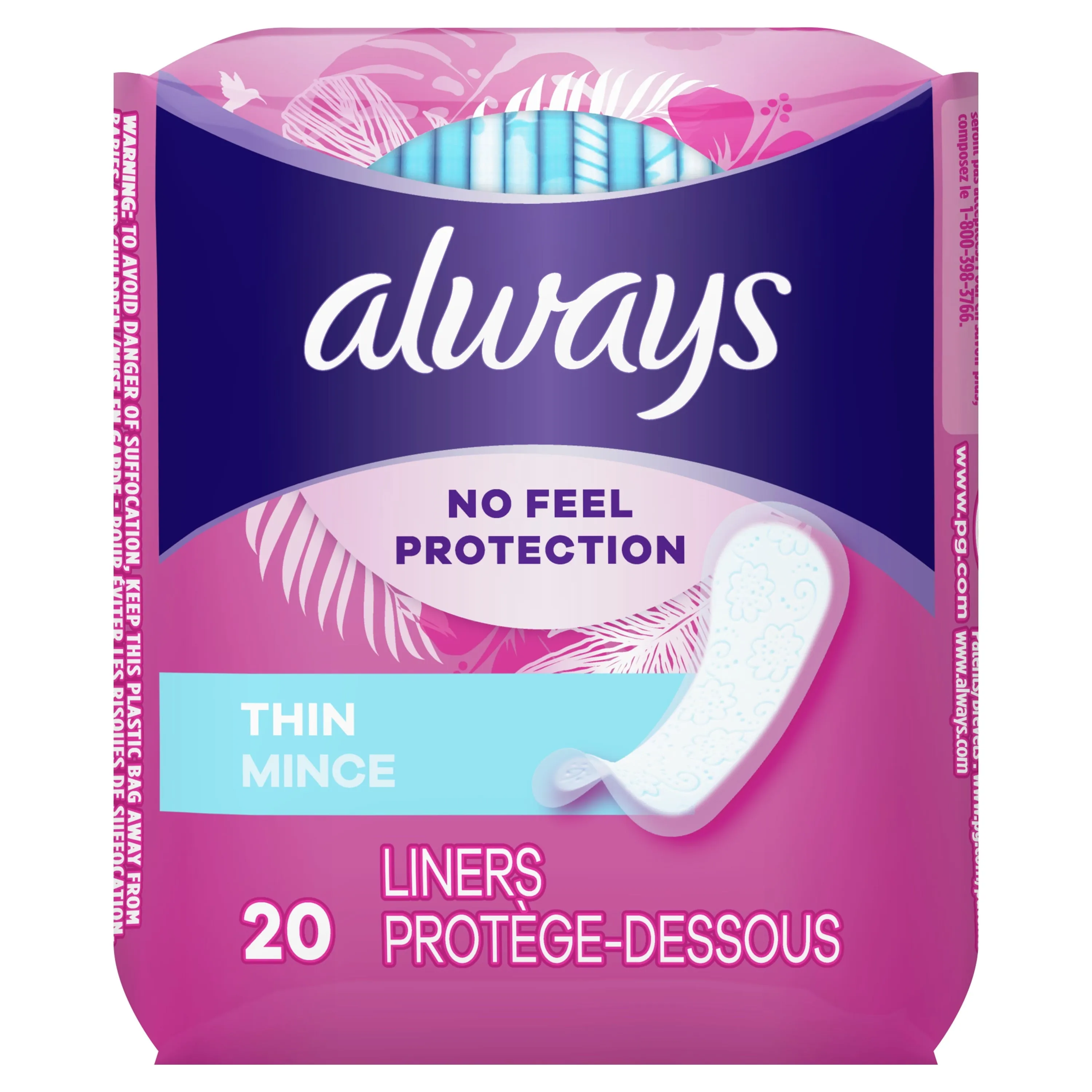 Always Thin No Feel Protection Daily Liners Regular Absorbency Unscented, 20 Count