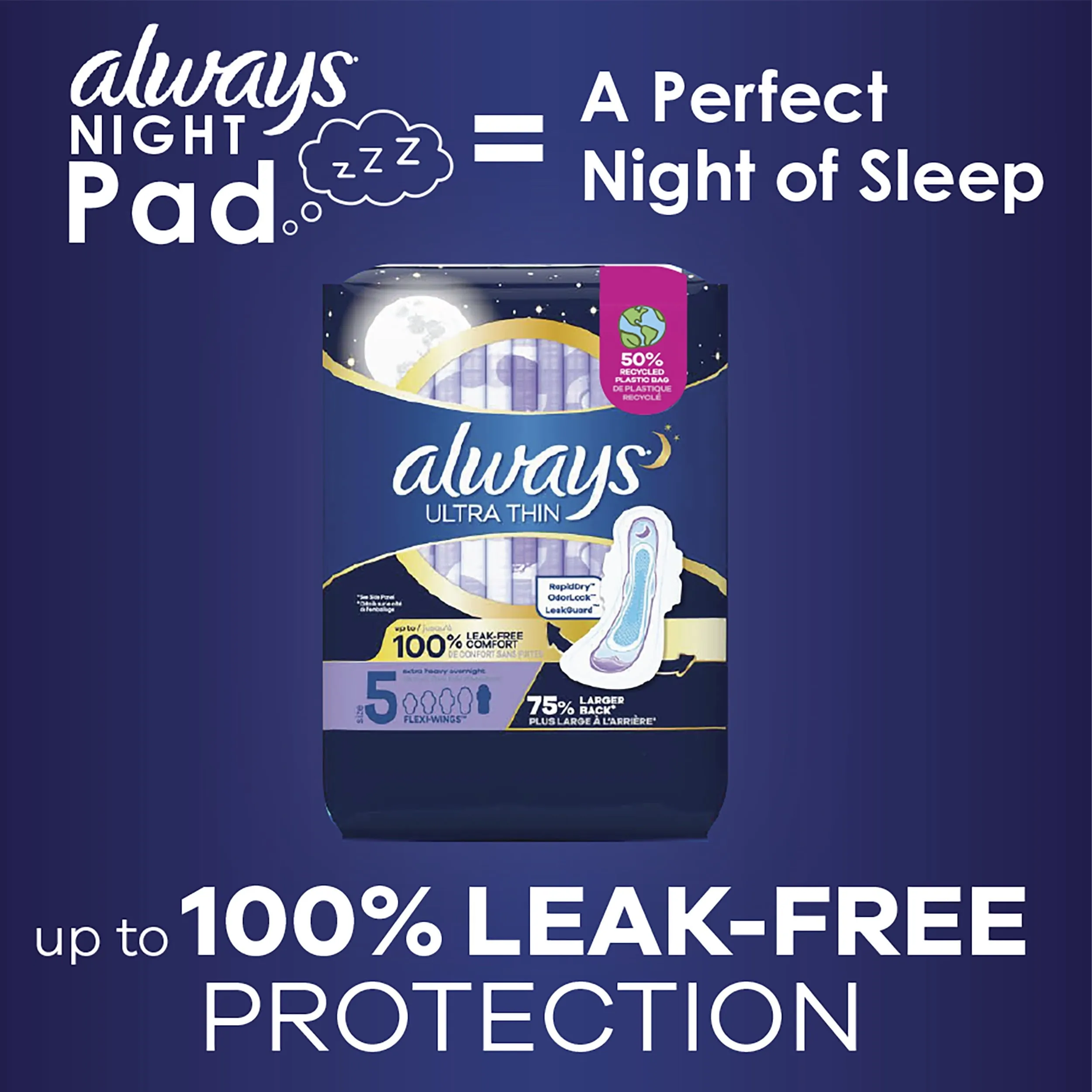 Always Ultra Thin Overnight Pads with Wings, Size 5, Extra Heavy Overnight Absorbency, 46 CT