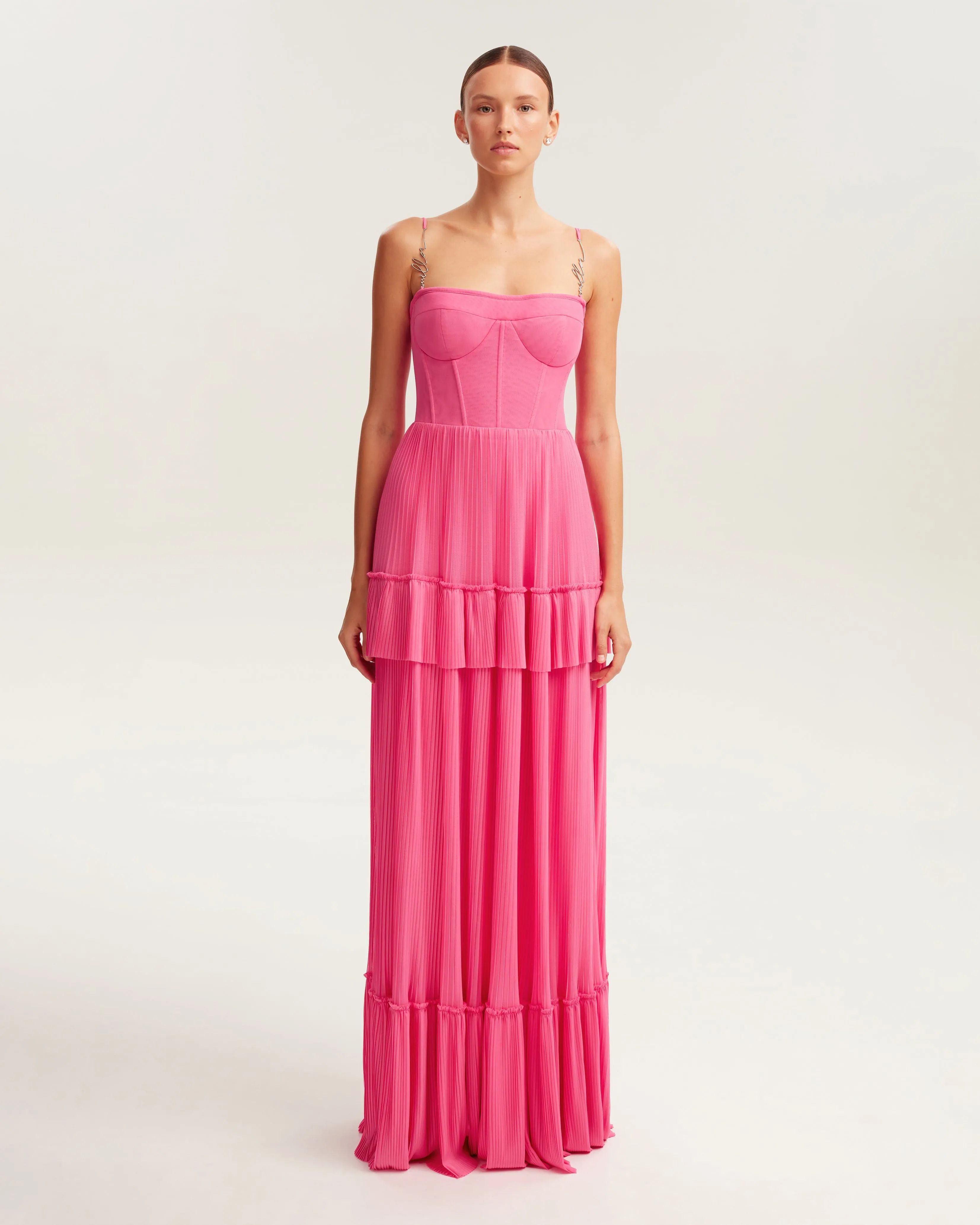 Barbie pink spaghetti strap pleated maxi dress, Garden of Eden