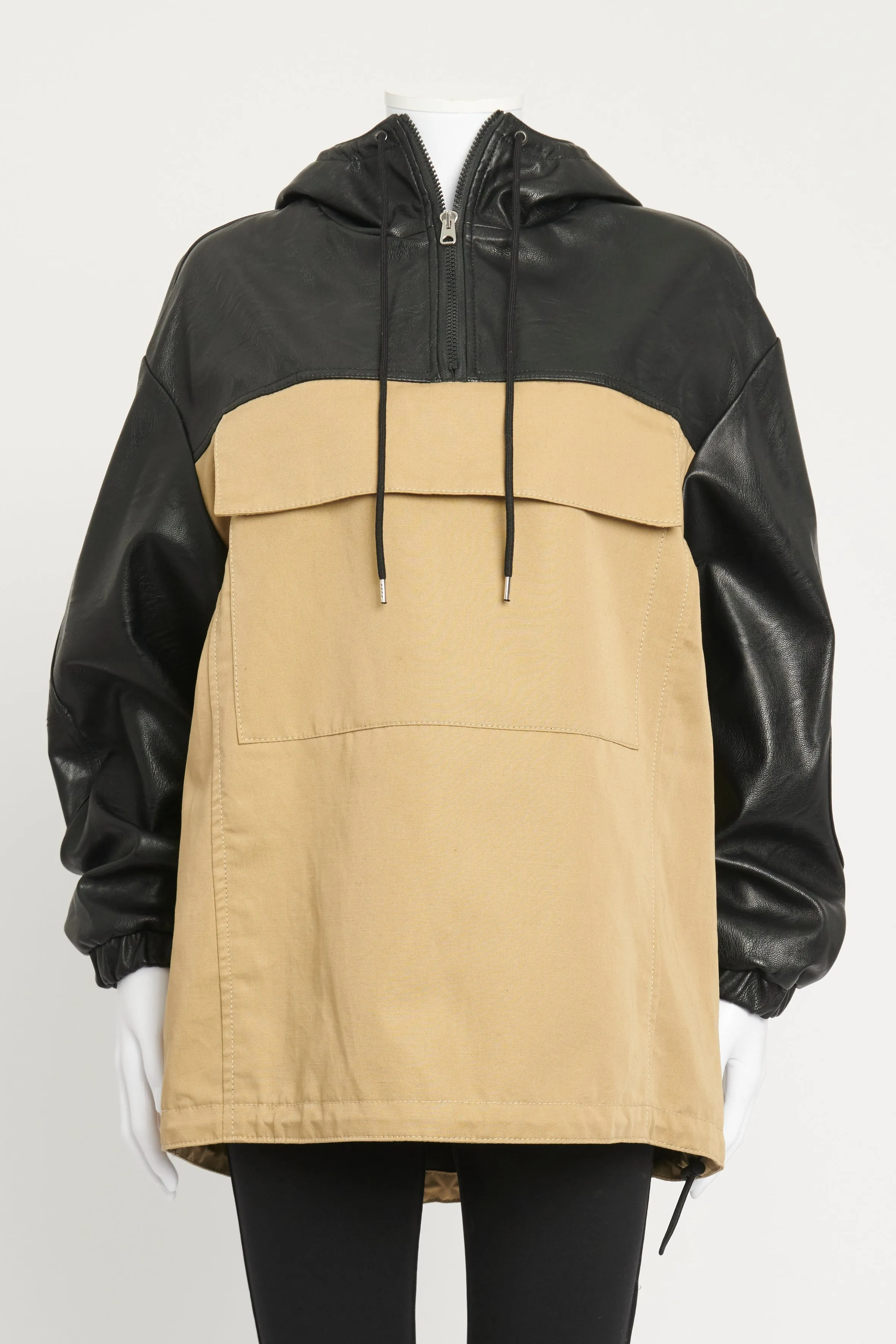 Beige and Black Panel Preowned Unisex Half Zip UP Hoodie