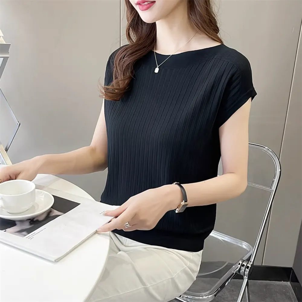 BerryBetty - Bat-Sleeved Short-Sleeved T-Shirt Women's Summer New Black Ice Silk Knitted Sweater Loose One-Word Collar Top Thin