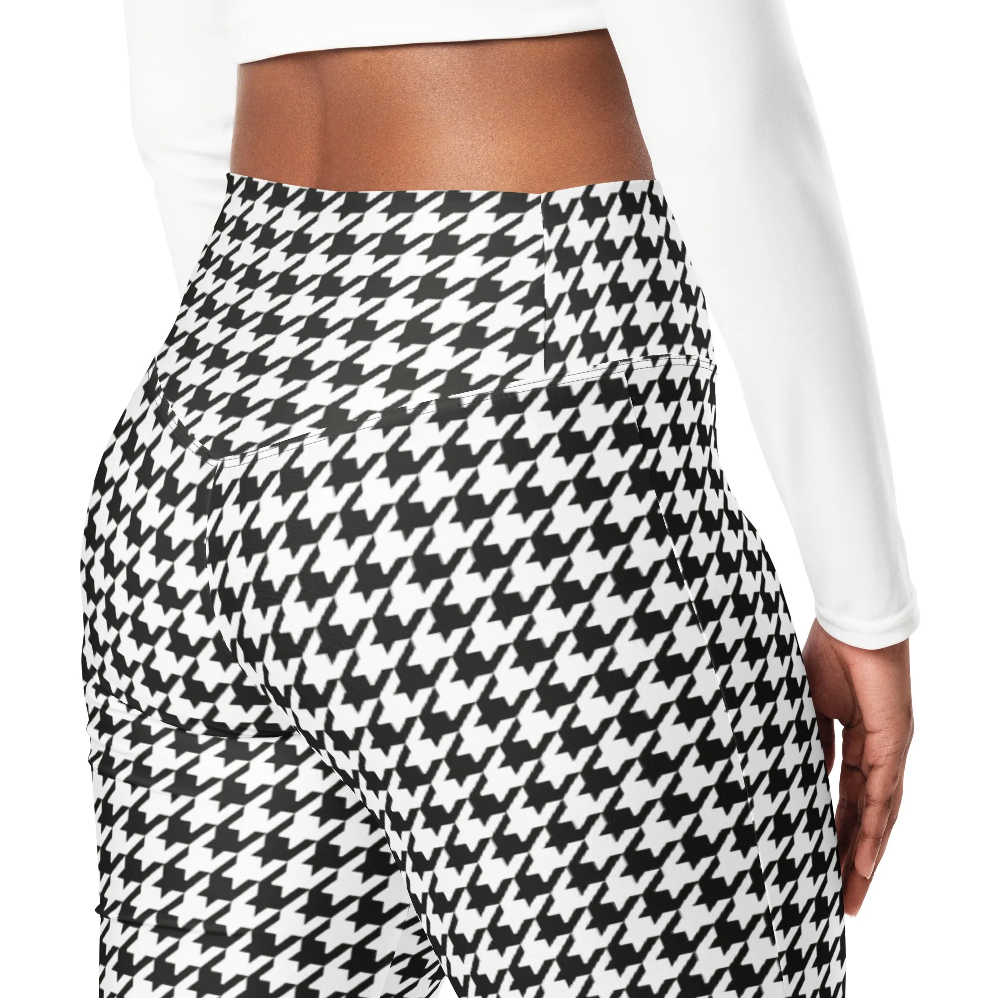 Black & White Houndstooth Print Flare Leggings