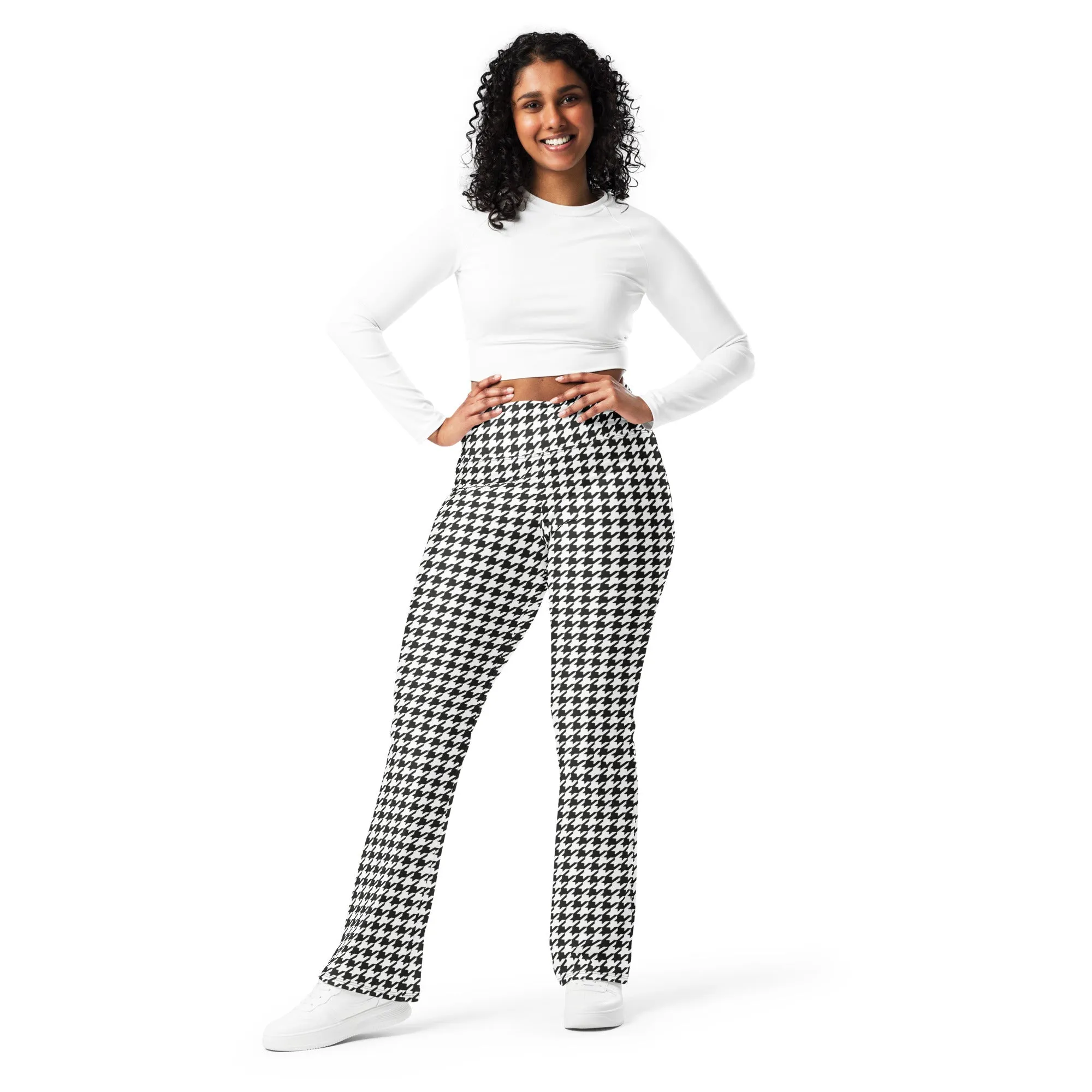 Black & White Houndstooth Print Flare Leggings