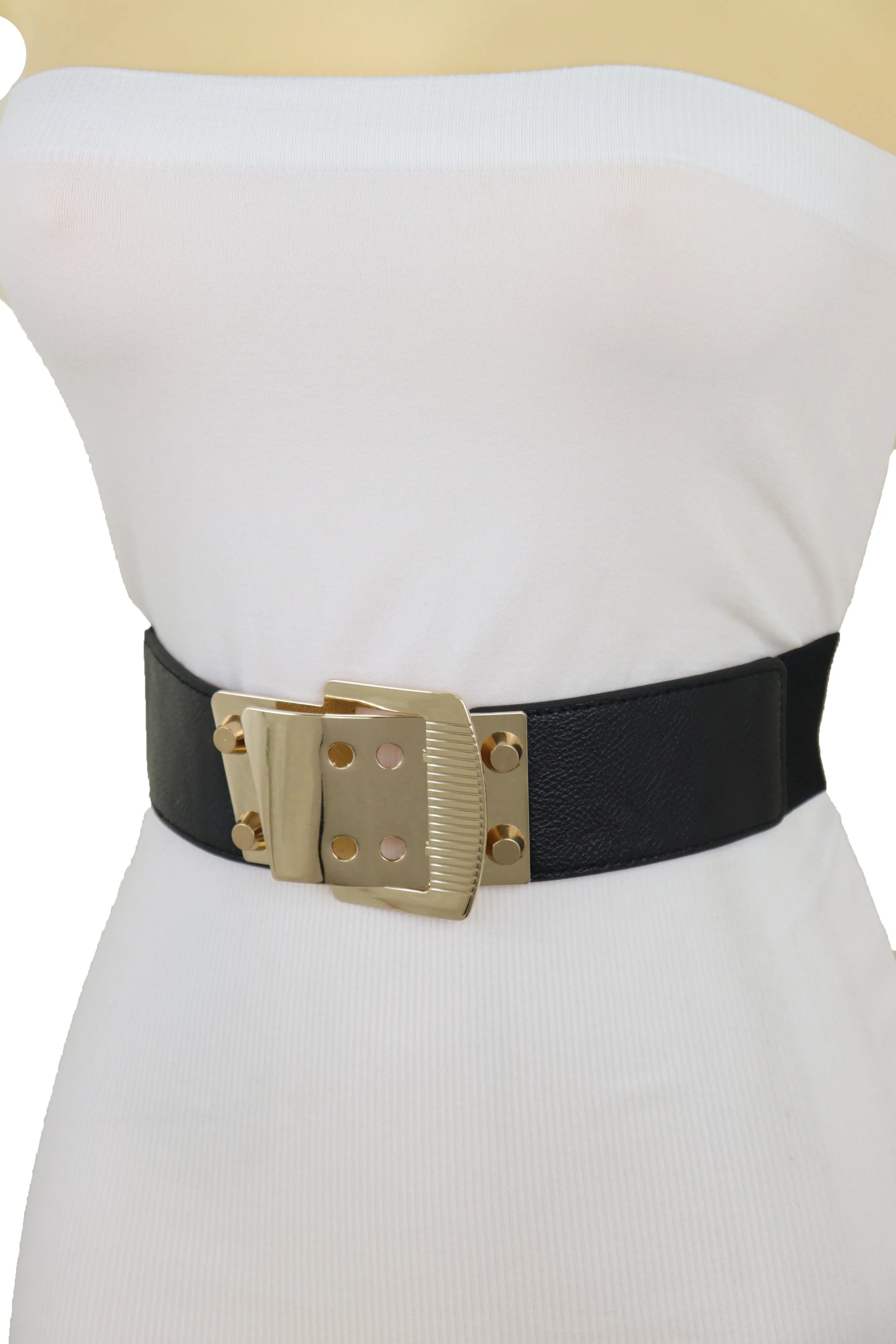 Black Elastic Band Belt High Waist Hip Gold Metal Square Buckle Size S M