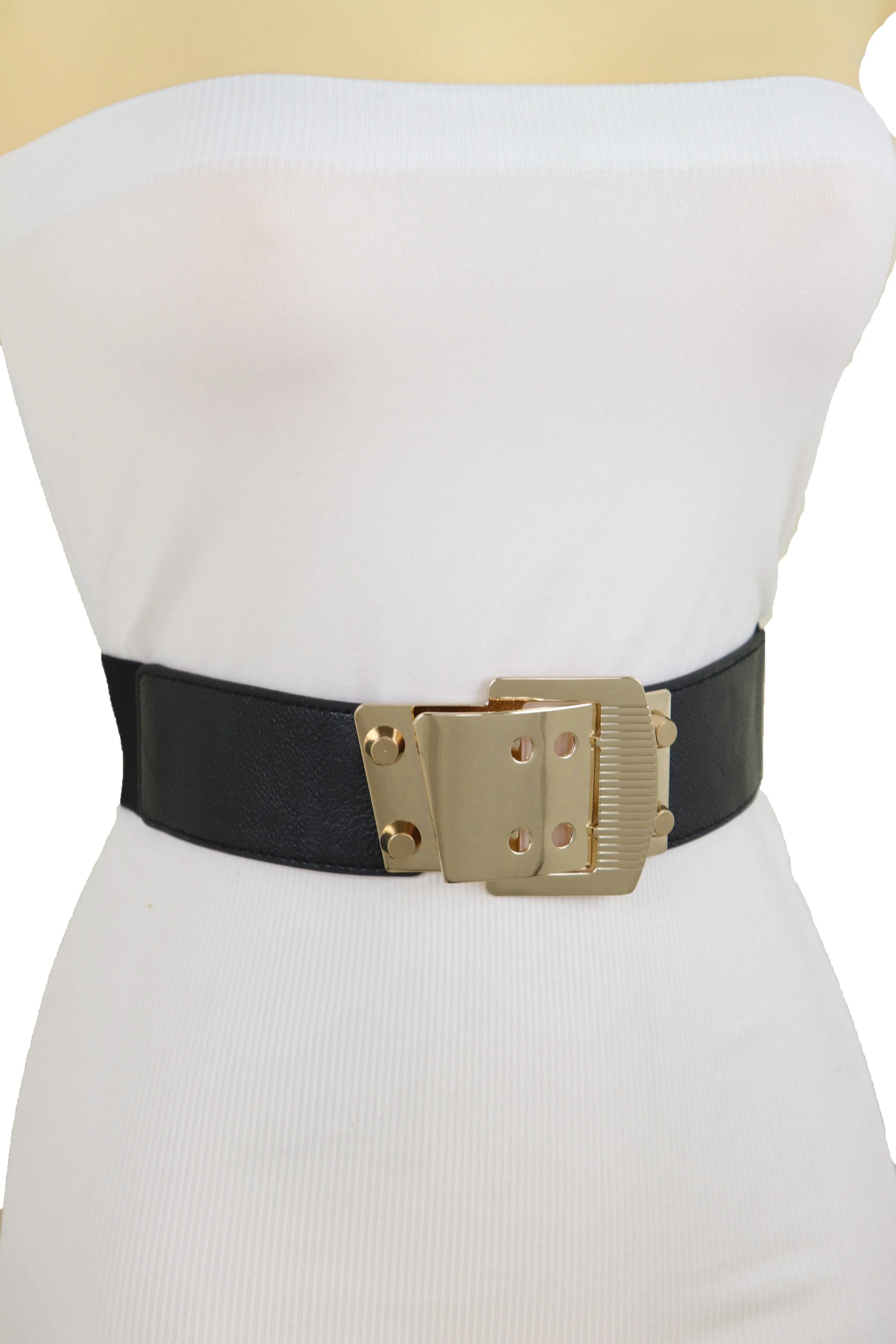 Black Elastic Band Belt High Waist Hip Gold Metal Square Buckle Size S M