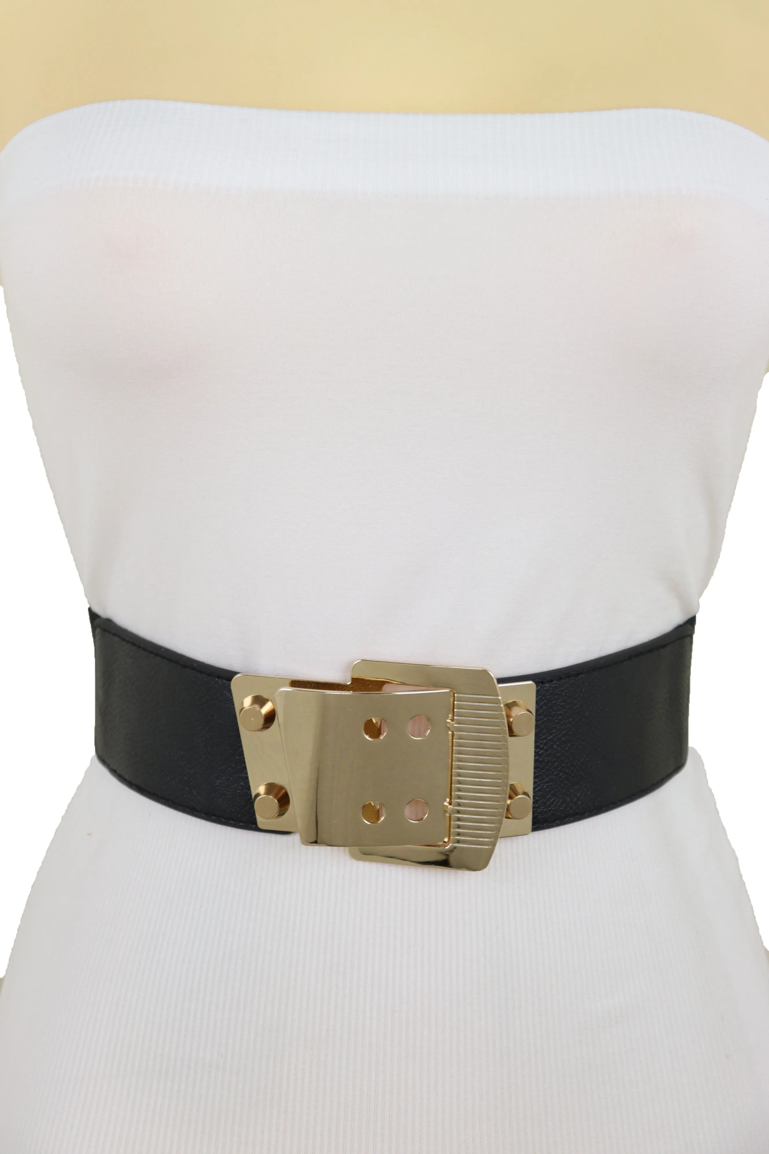 Black Elastic Band Belt High Waist Hip Gold Metal Square Buckle Size S M