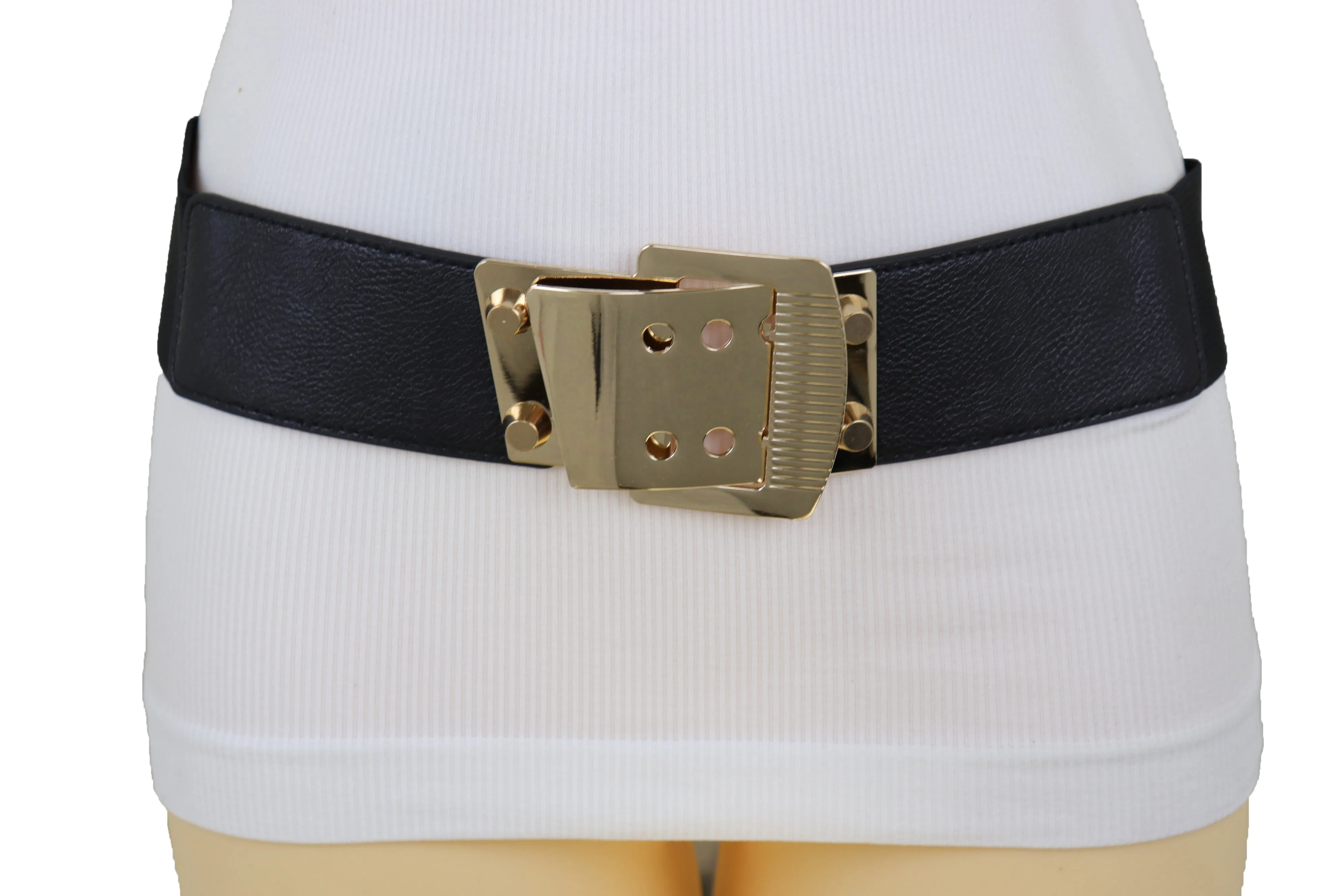 Black Elastic Band Belt High Waist Hip Gold Metal Square Buckle Size S M