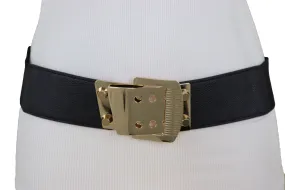 Black Elastic Band Belt High Waist Hip Gold Metal Square Buckle Size S M