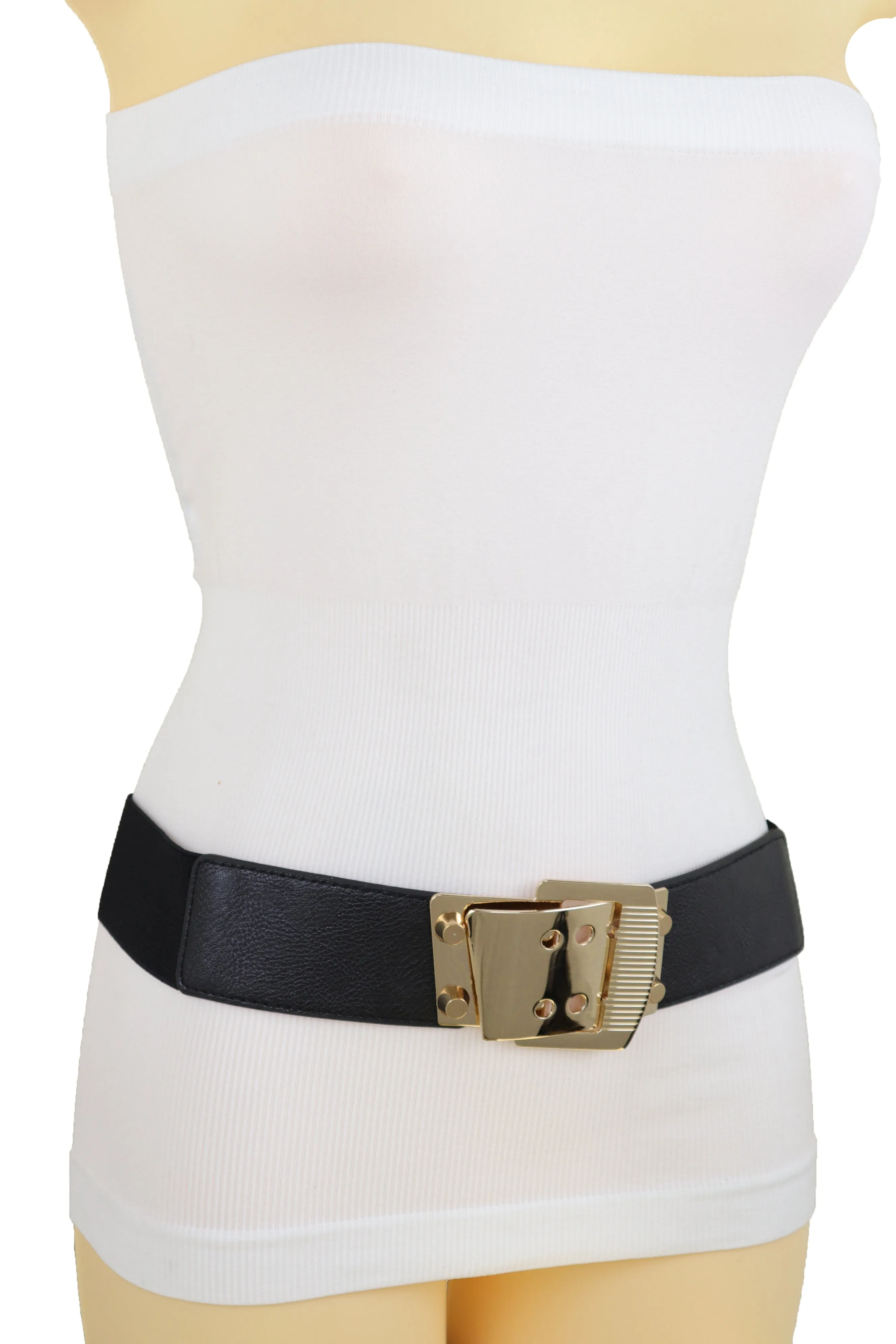 Black Elastic Band Belt High Waist Hip Gold Metal Square Buckle Size S M