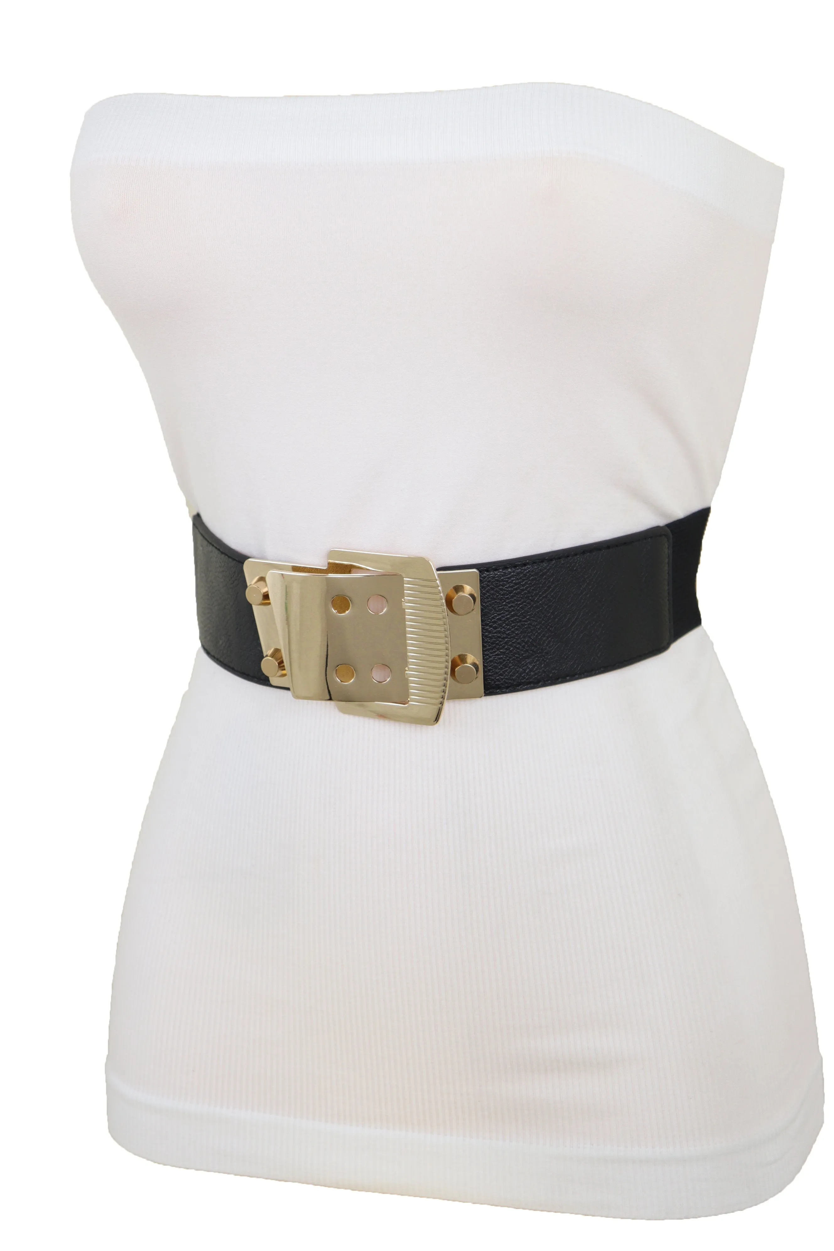 Black Elastic Band Belt High Waist Hip Gold Metal Square Buckle Size S M