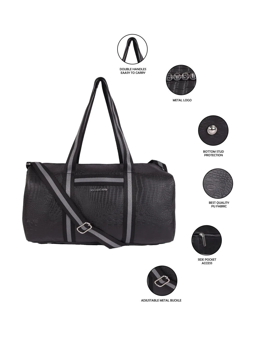 Black Pu Duffle Bag With  Webbing Shoulder Handle