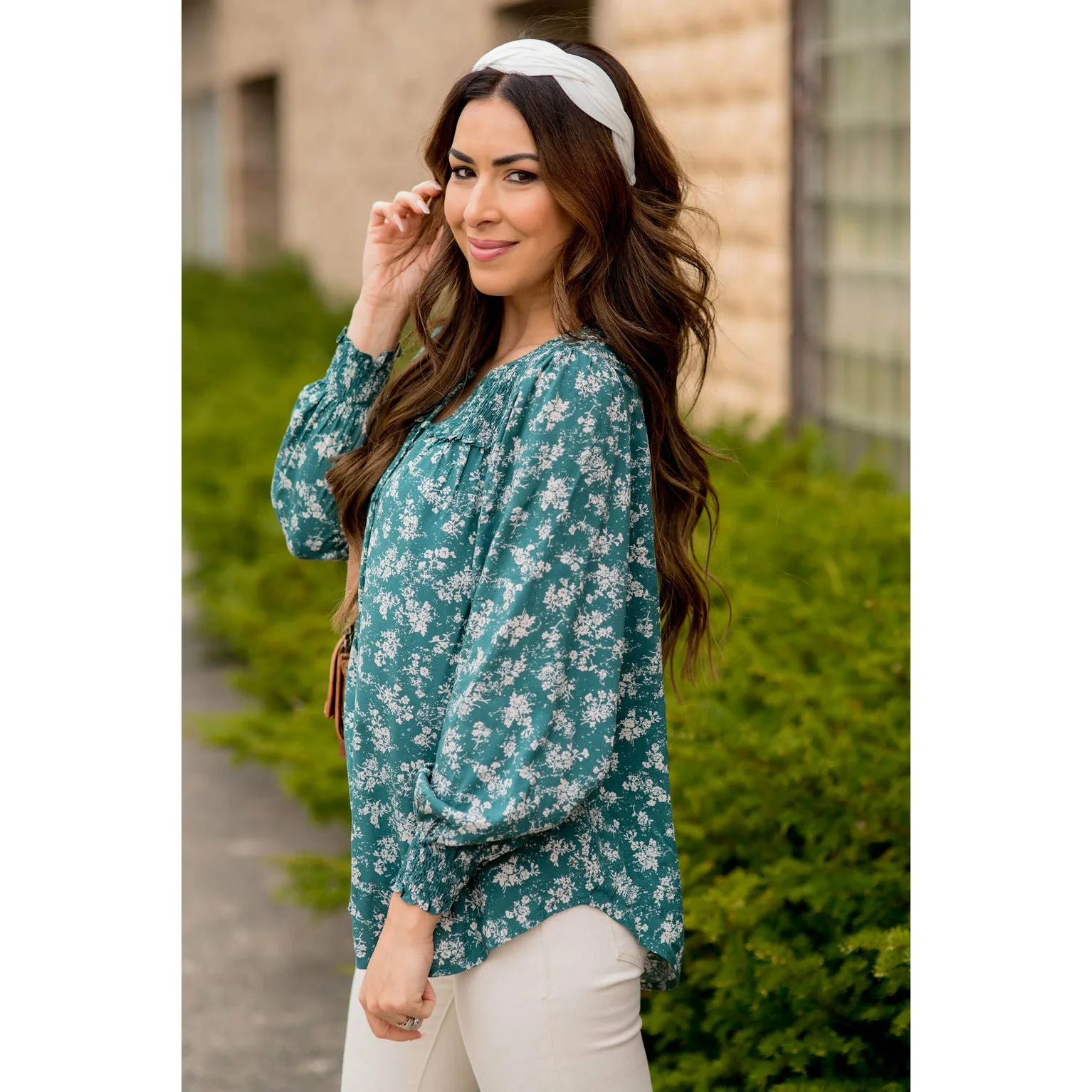 Blossom Cinched Button Accent Blouse