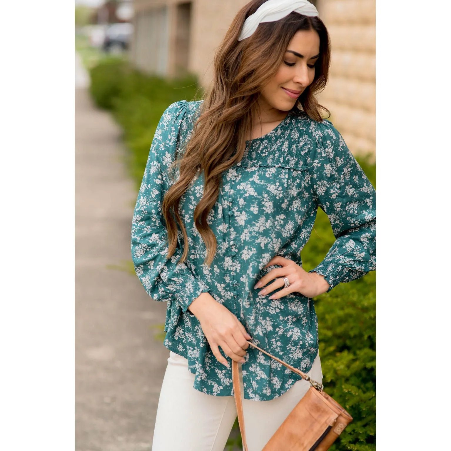 Blossom Cinched Button Accent Blouse