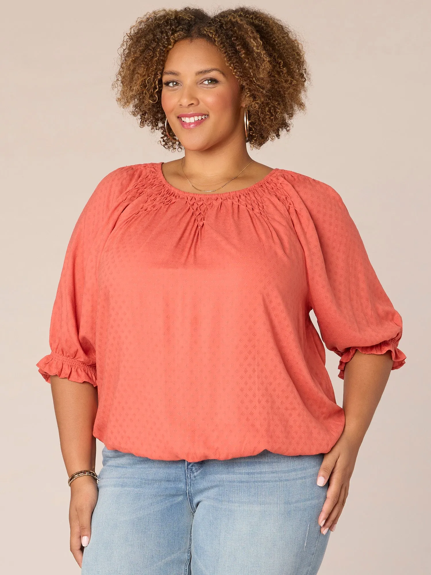 Blouson Sleeve Scoop Neck Plus Size Woven Top with Novelty Smocking