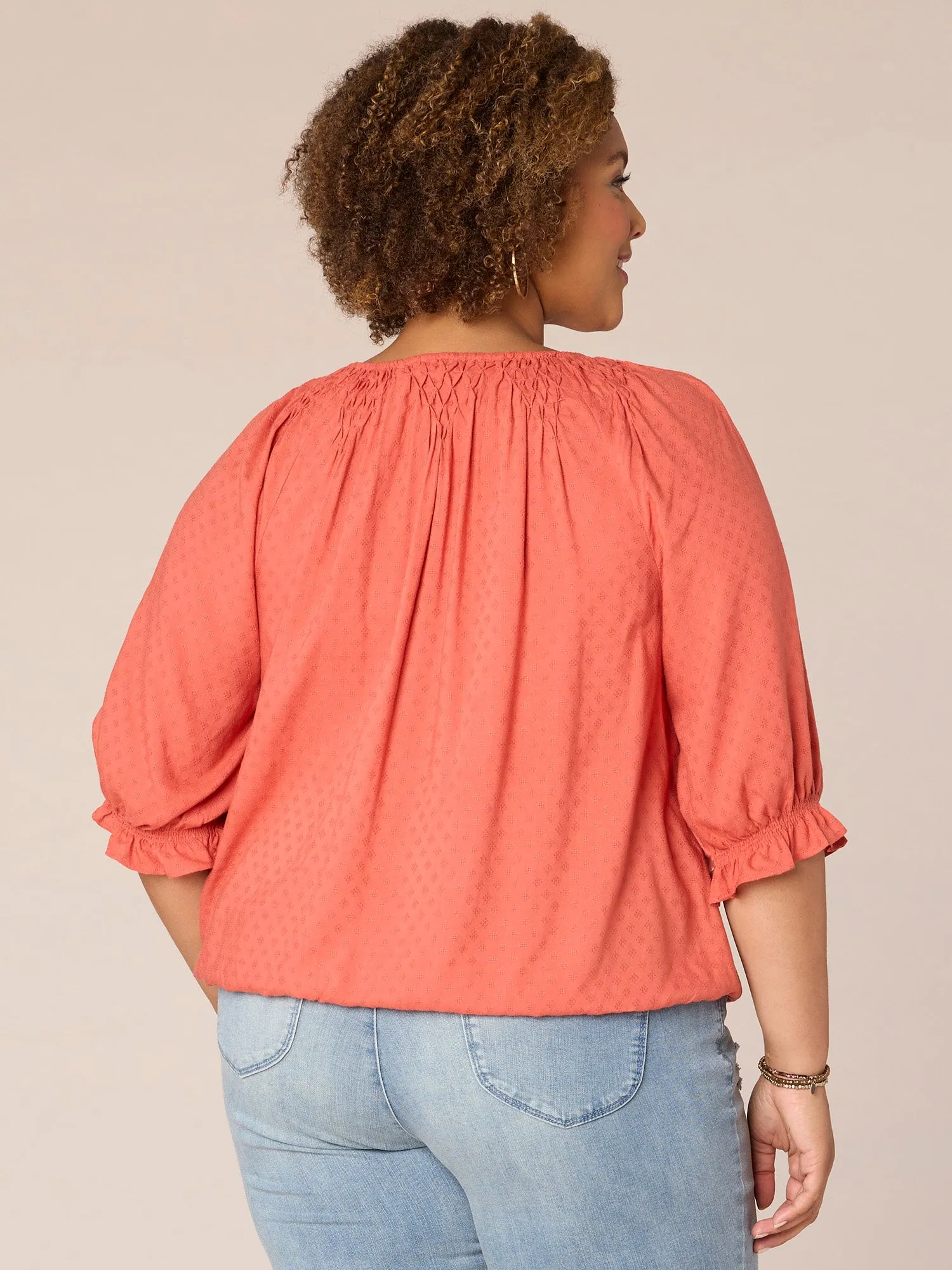 Blouson Sleeve Scoop Neck Plus Size Woven Top with Novelty Smocking