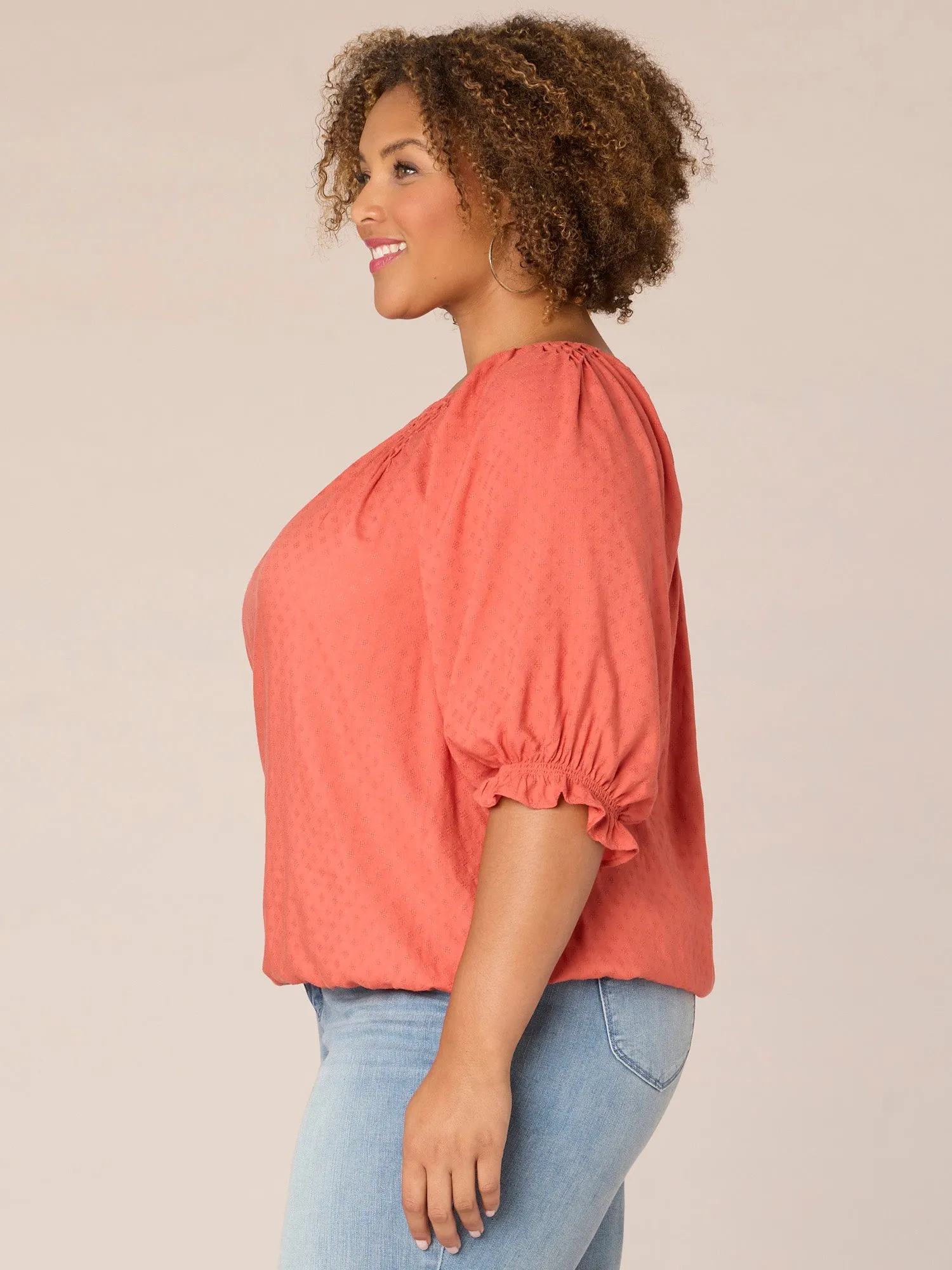 Blouson Sleeve Scoop Neck Plus Size Woven Top with Novelty Smocking