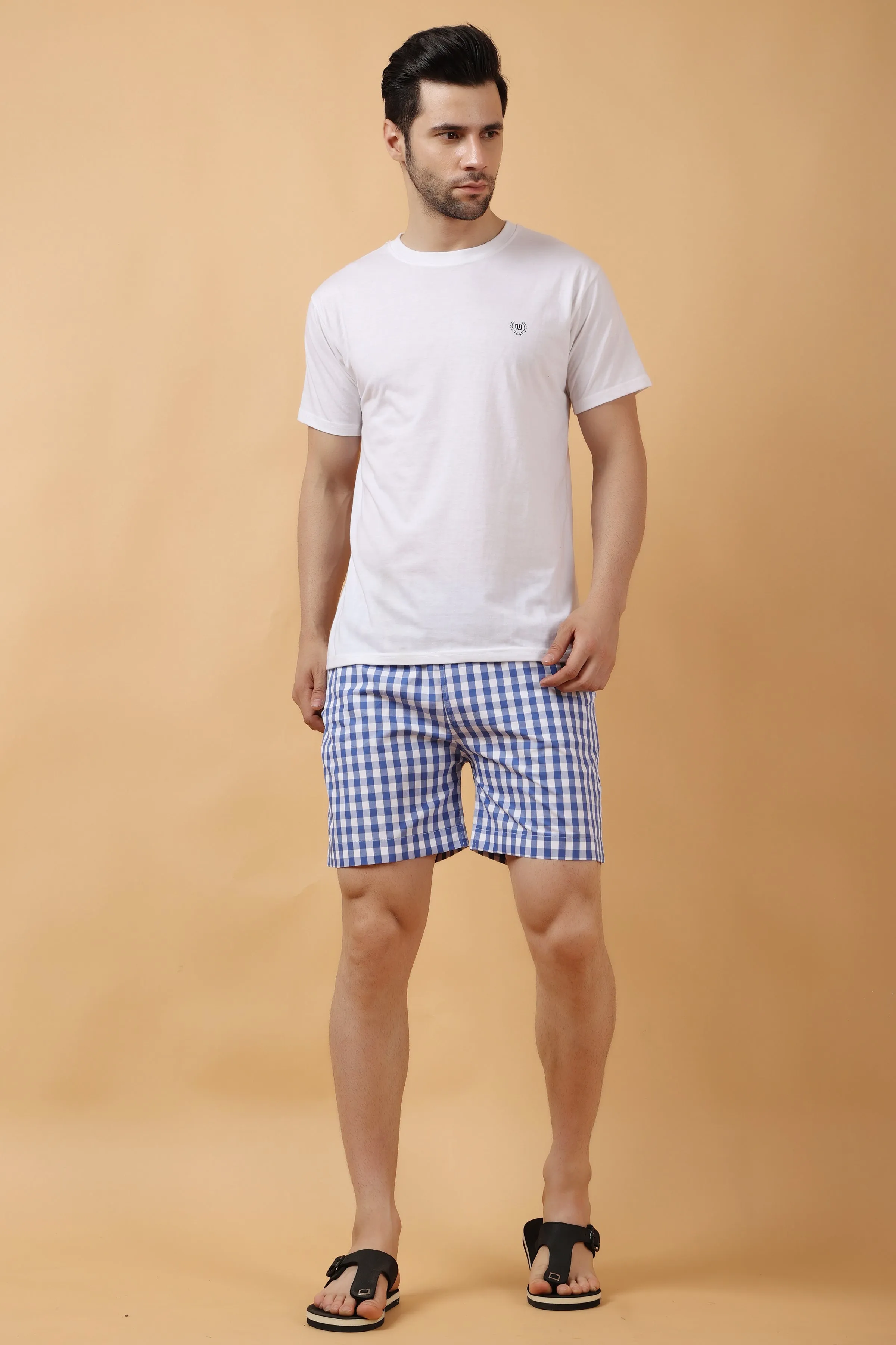 Blue Checked Poplin Cotton Shorts