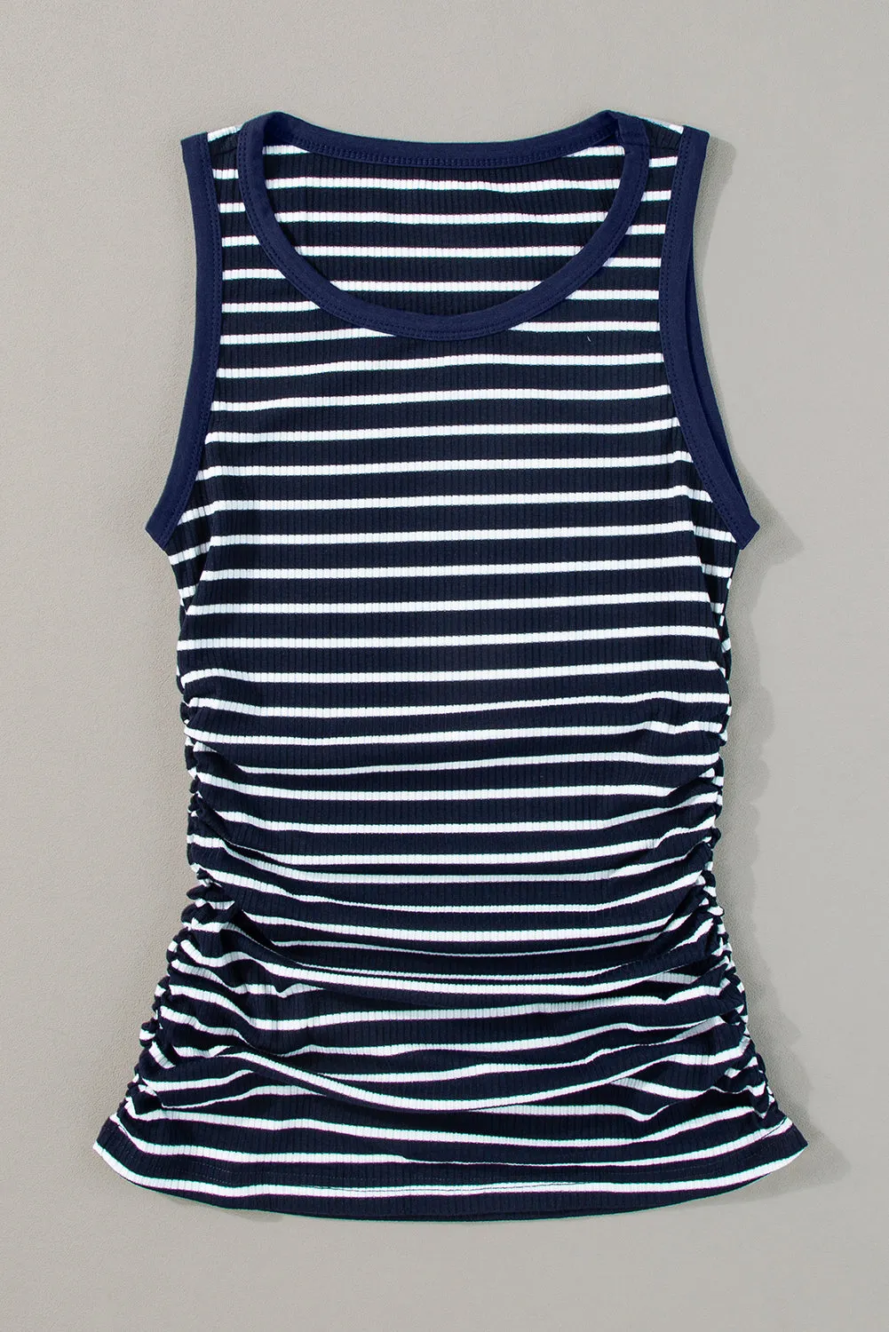 Blue Stripe Contrast Round Neck Sleeveless Slim Top