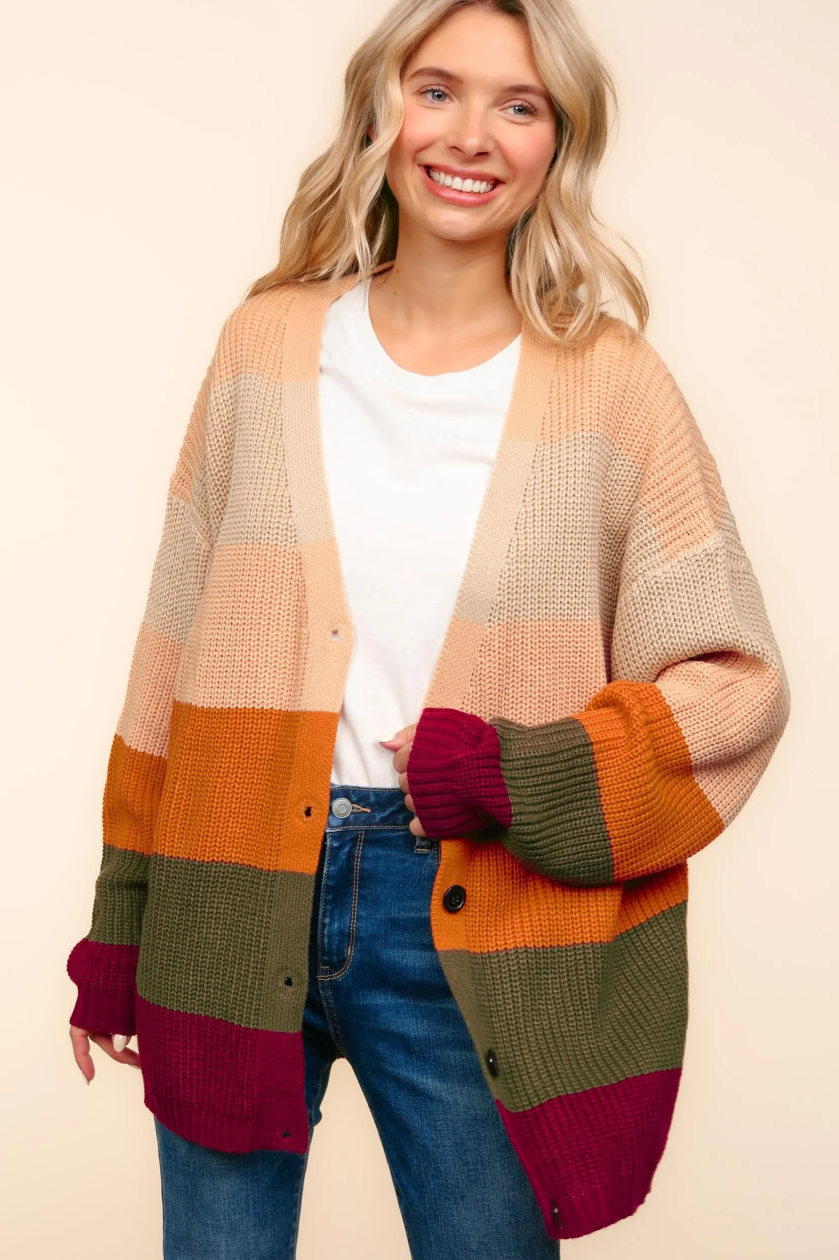 BUTTON DOWN MULTI COLOR STRIPE CARDIGAN