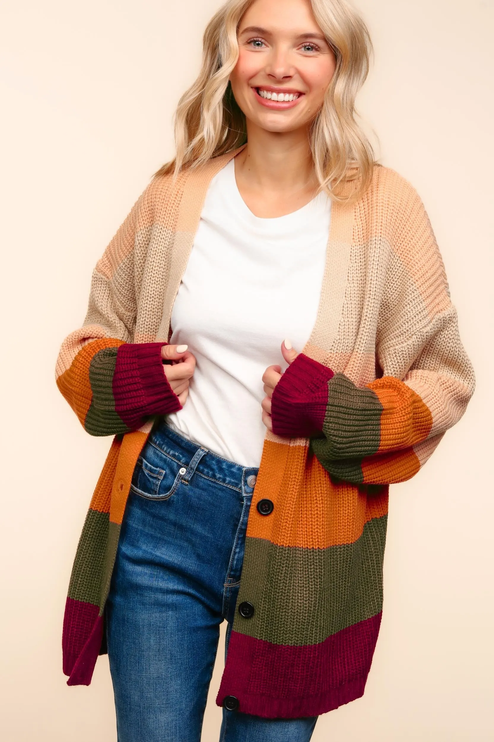 BUTTON DOWN MULTI COLOR STRIPE CARDIGAN