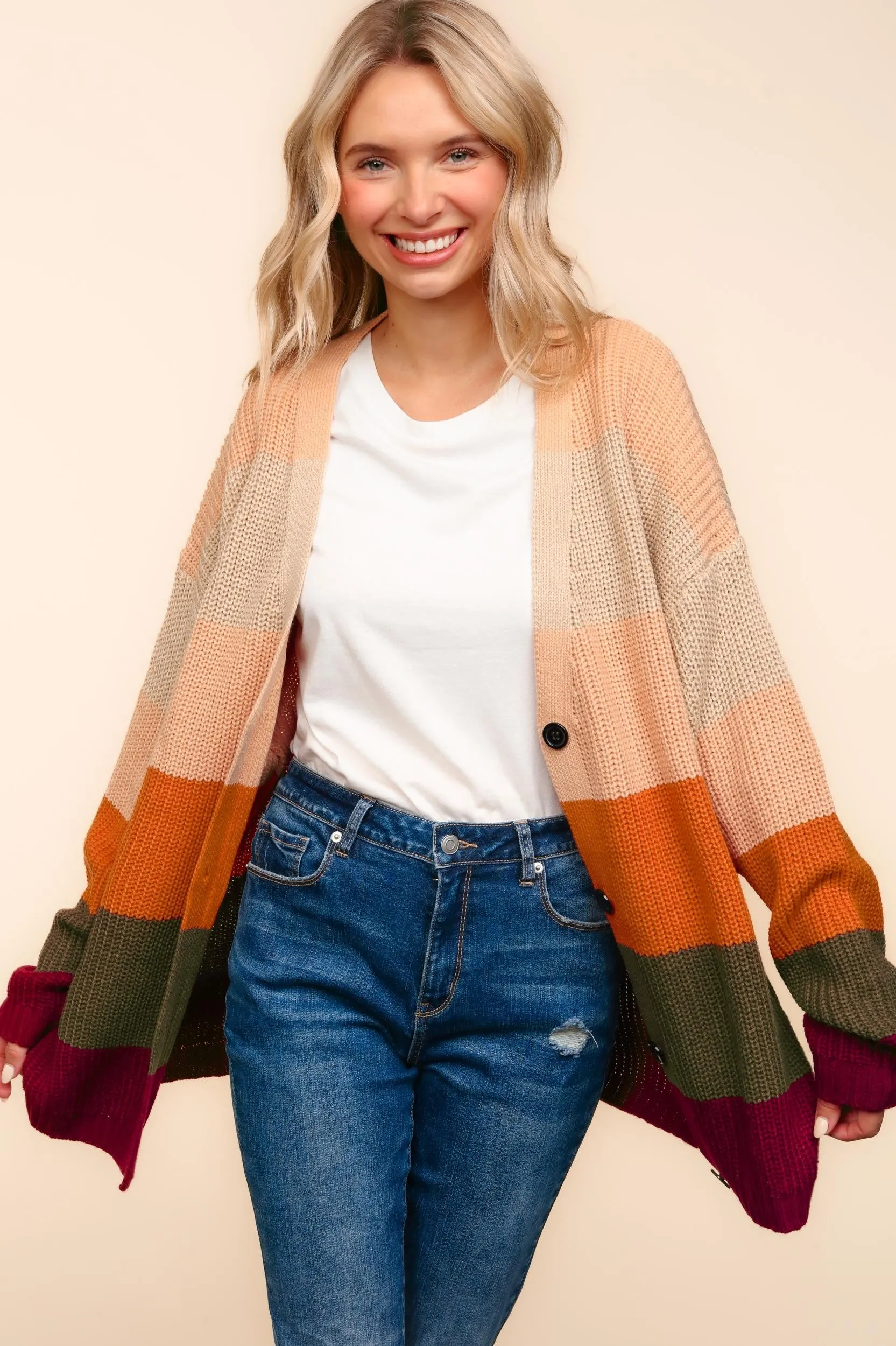 BUTTON DOWN MULTI COLOR STRIPE CARDIGAN