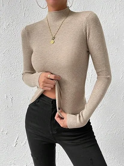 CASUAL RIBBED LONG SLEEVE PULLOVER SLIM FITTED KNIT TOP