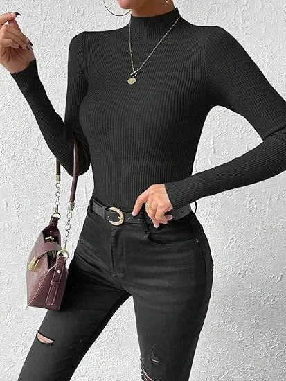 CASUAL RIBBED LONG SLEEVE PULLOVER SLIM FITTED KNIT TOP