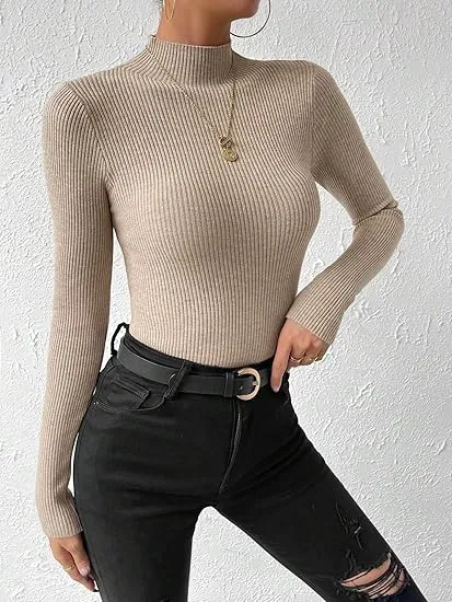 CASUAL RIBBED LONG SLEEVE PULLOVER SLIM FITTED KNIT TOP