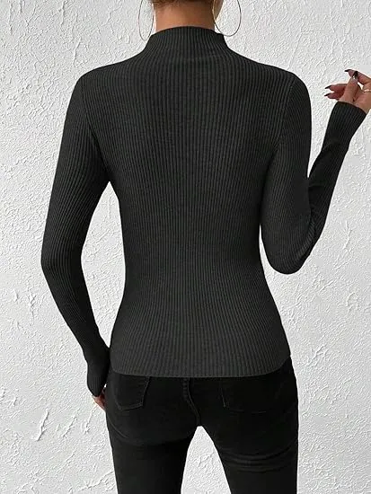 CASUAL RIBBED LONG SLEEVE PULLOVER SLIM FITTED KNIT TOP