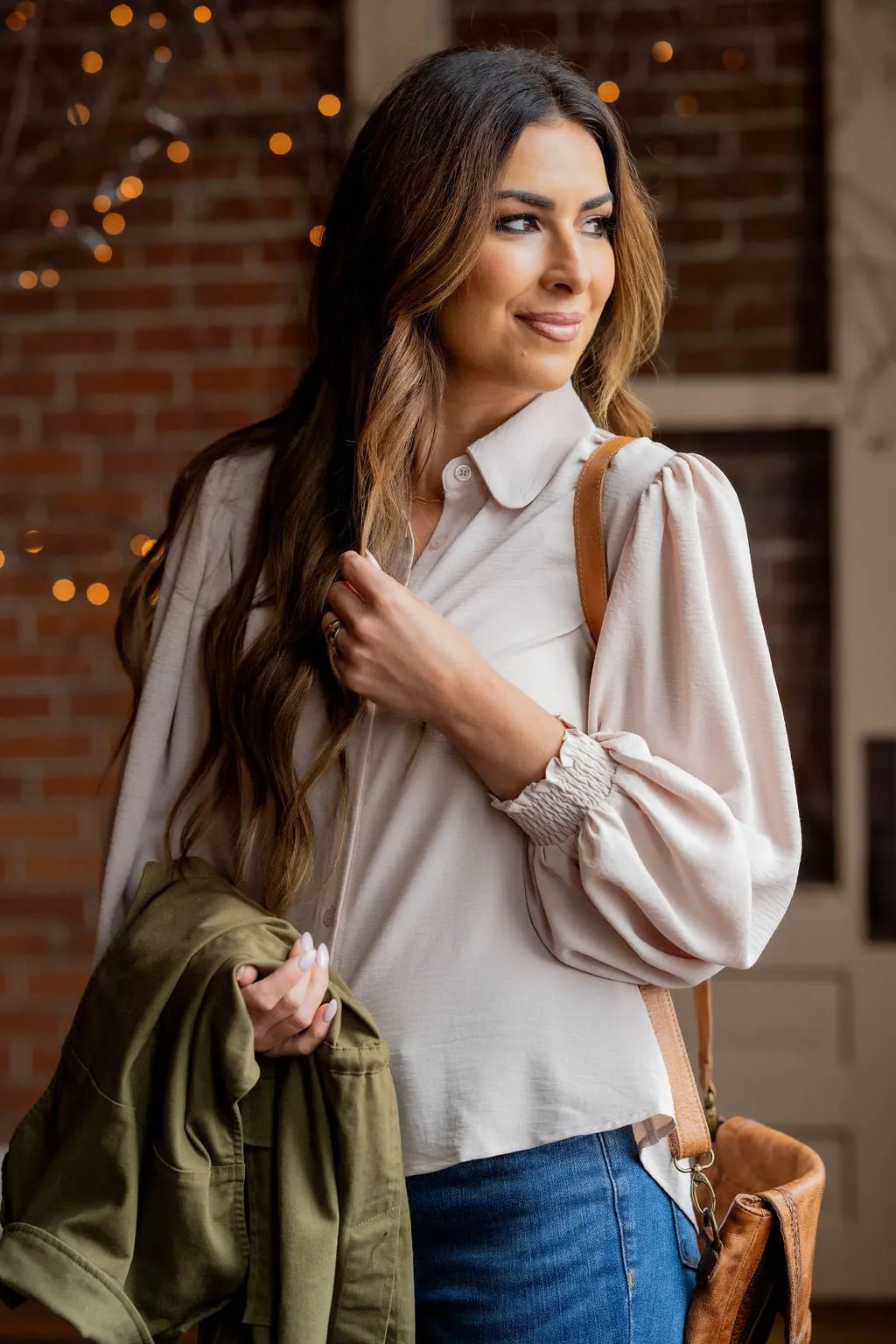 Cinched Long Sleeve Button Up Blouse