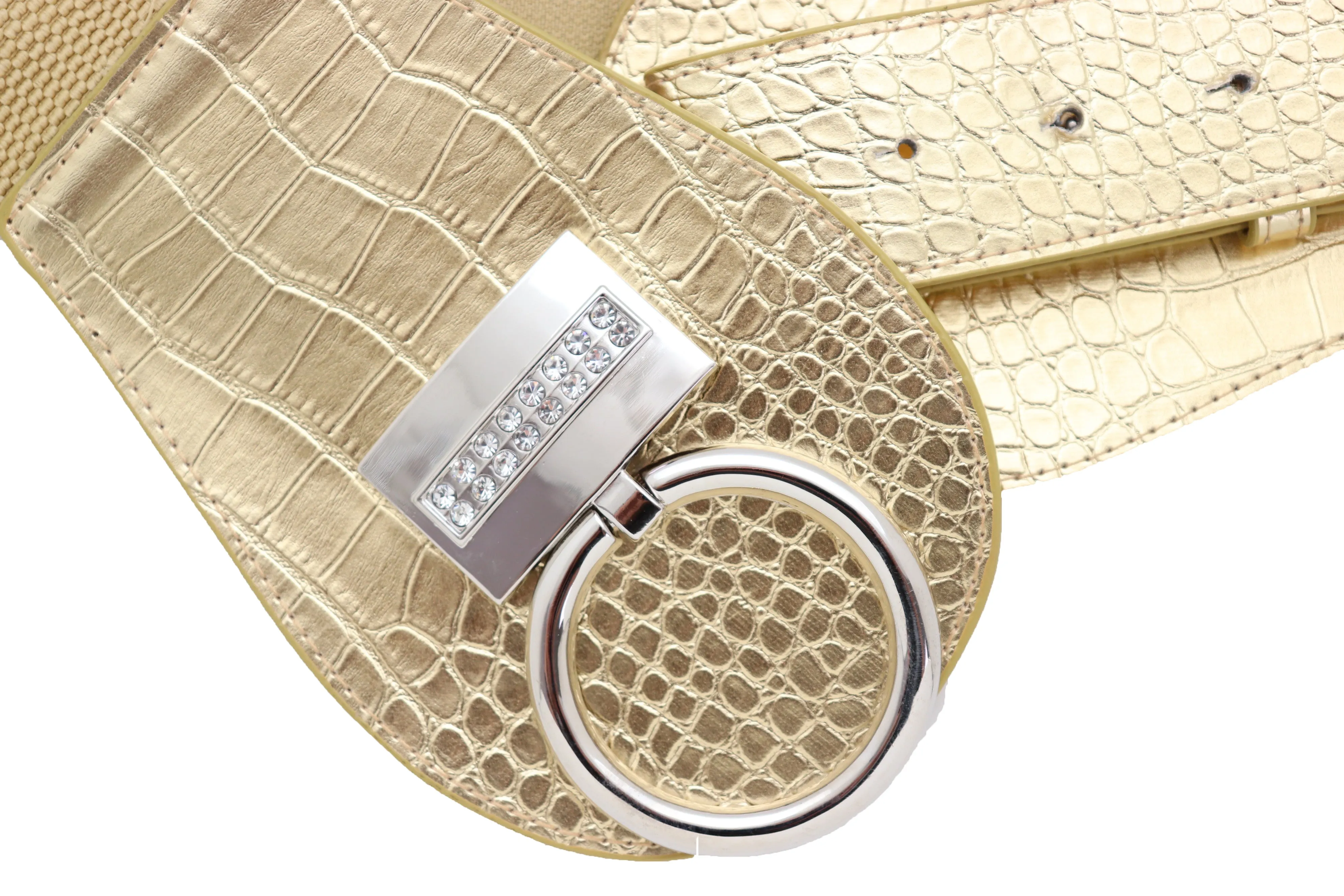 Crocodile Stamped Gold Faux Leather Elastic Waist Silver Ring Buckle Belt Size S M