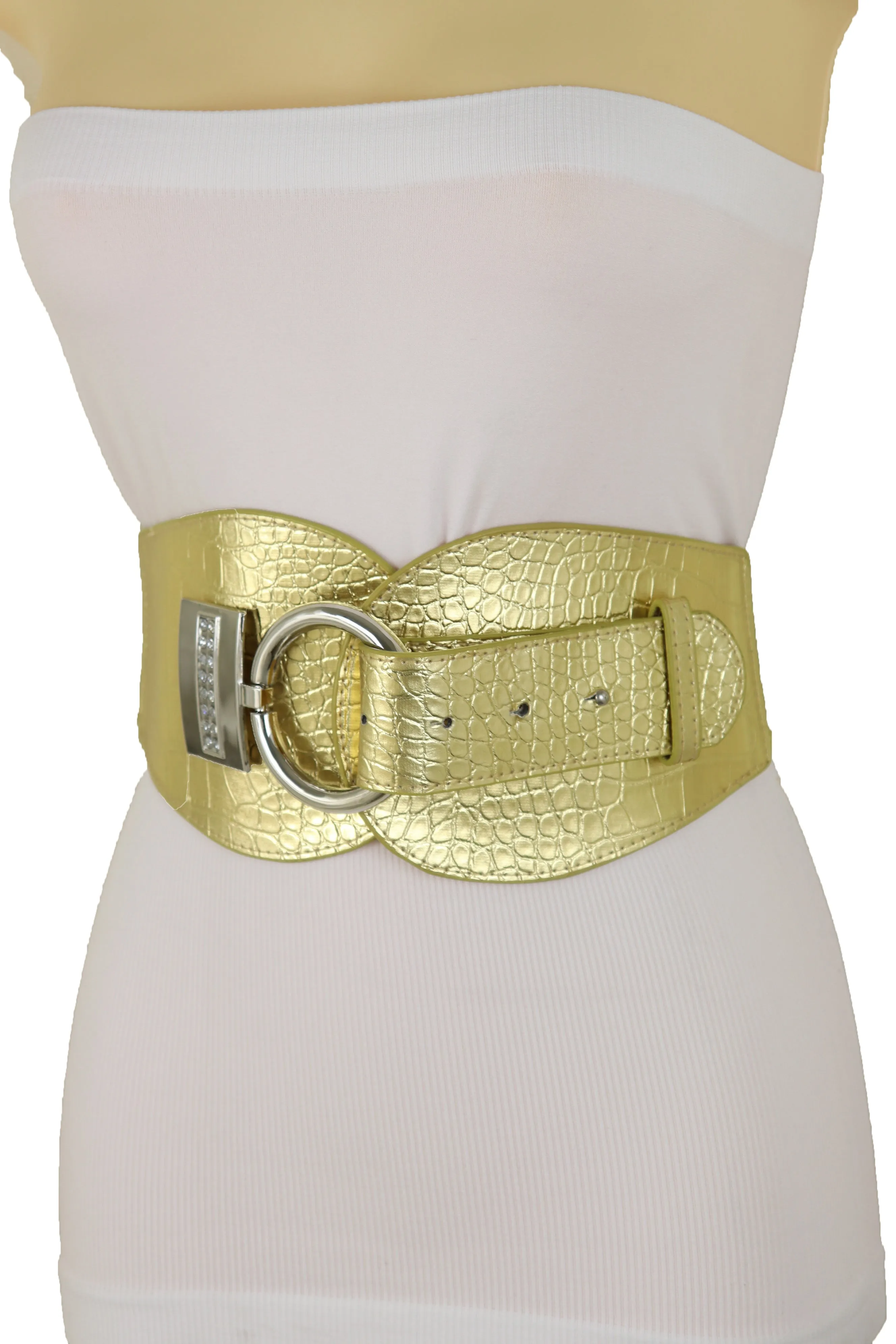 Crocodile Stamped Gold Faux Leather Elastic Waist Silver Ring Buckle Belt Size S M