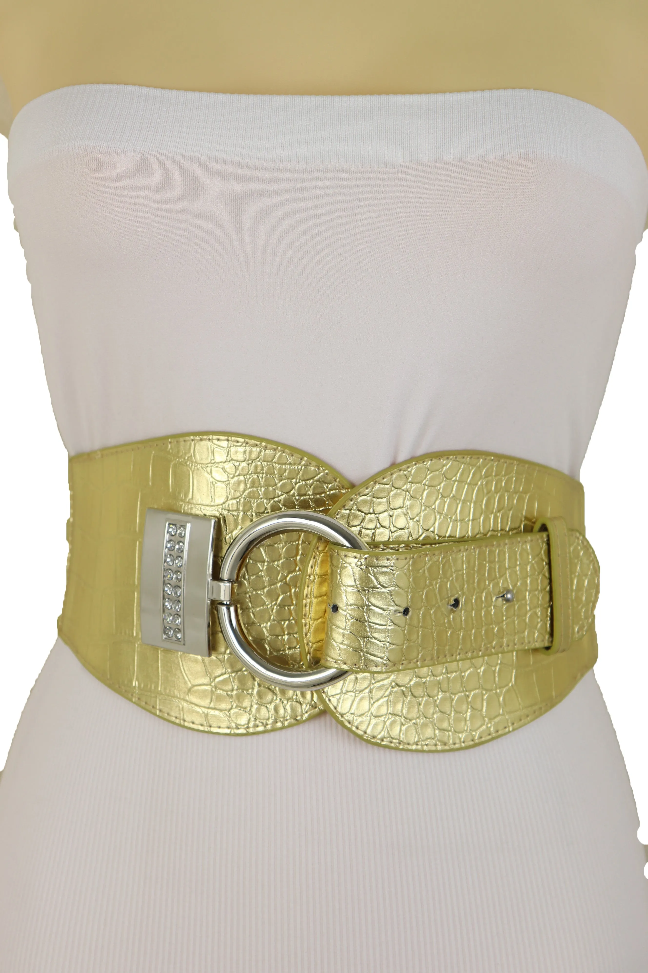 Crocodile Stamped Gold Faux Leather Elastic Waist Silver Ring Buckle Belt Size S M