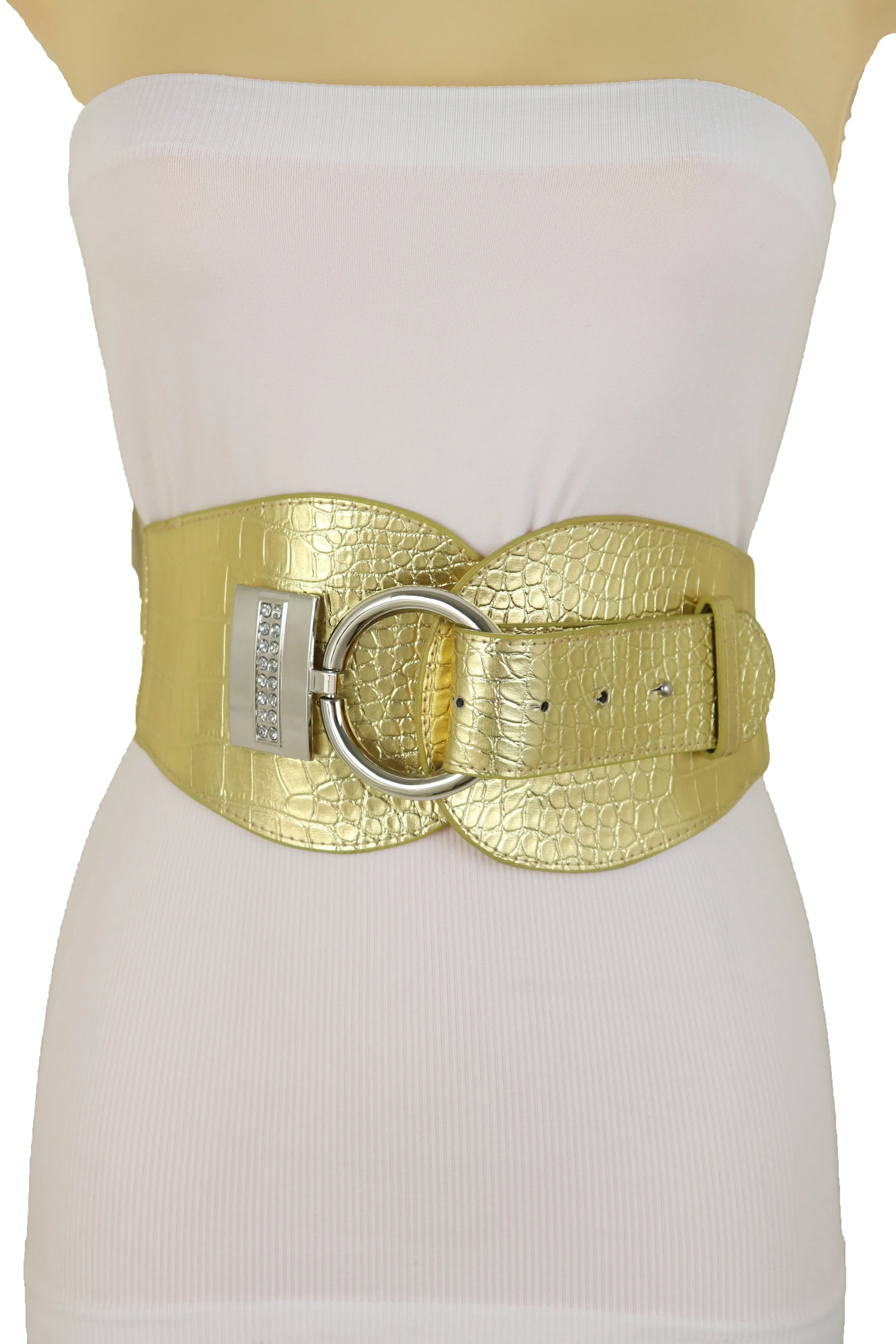 Crocodile Stamped Gold Faux Leather Elastic Waist Silver Ring Buckle Belt Size S M