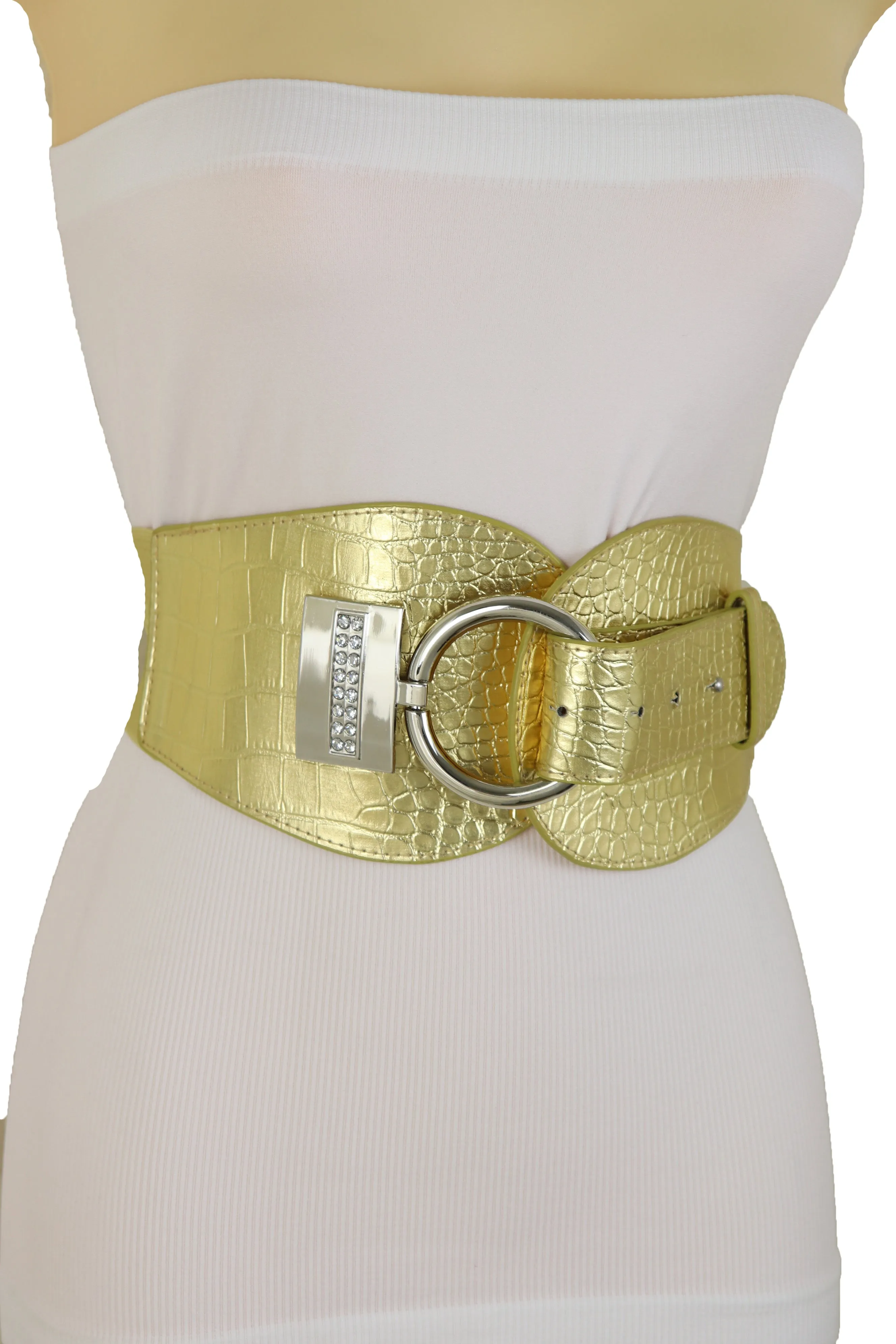 Crocodile Stamped Gold Faux Leather Elastic Waist Silver Ring Buckle Belt Size S M