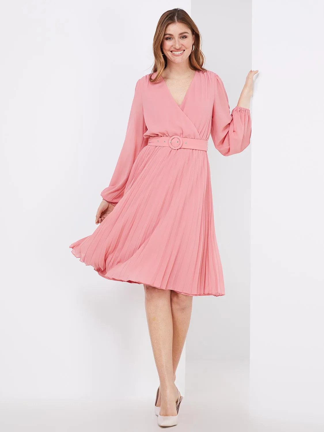 Crossover Belted Midi Dress With Pleated Skirt