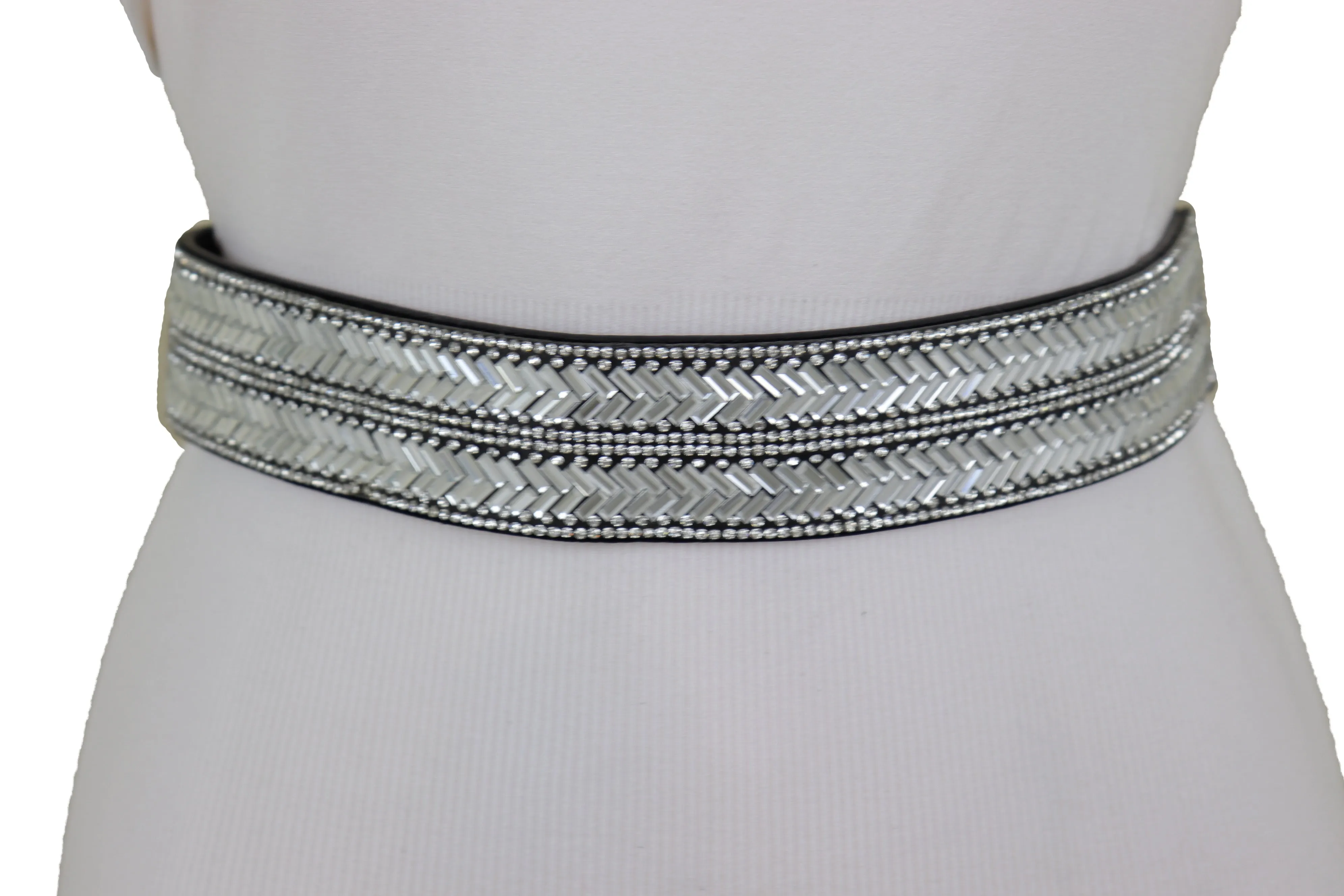 Dressy Fashion Black Elastic Band Belt Bling Silver Rhinestones Size S M