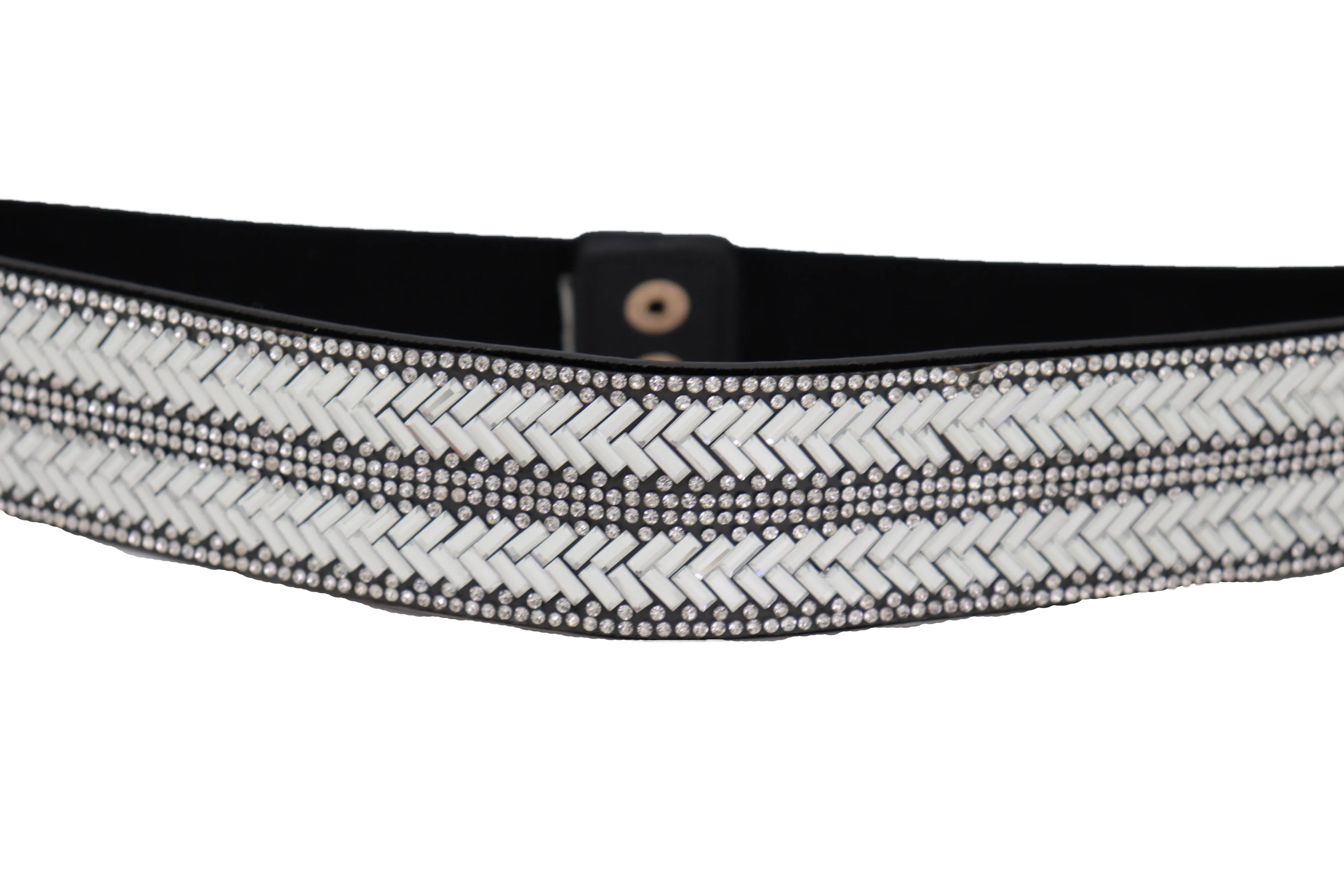 Dressy Fashion Black Elastic Band Belt Bling Silver Rhinestones Size S M